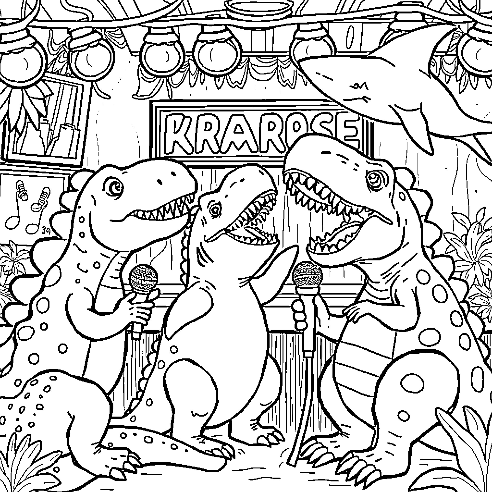 Dinosaurs performing on stage in a concert Coloring Page (free black-and-white line drawing printable PDF for all, from beginners to advanced learners, including children, teens, adults, and seniors)