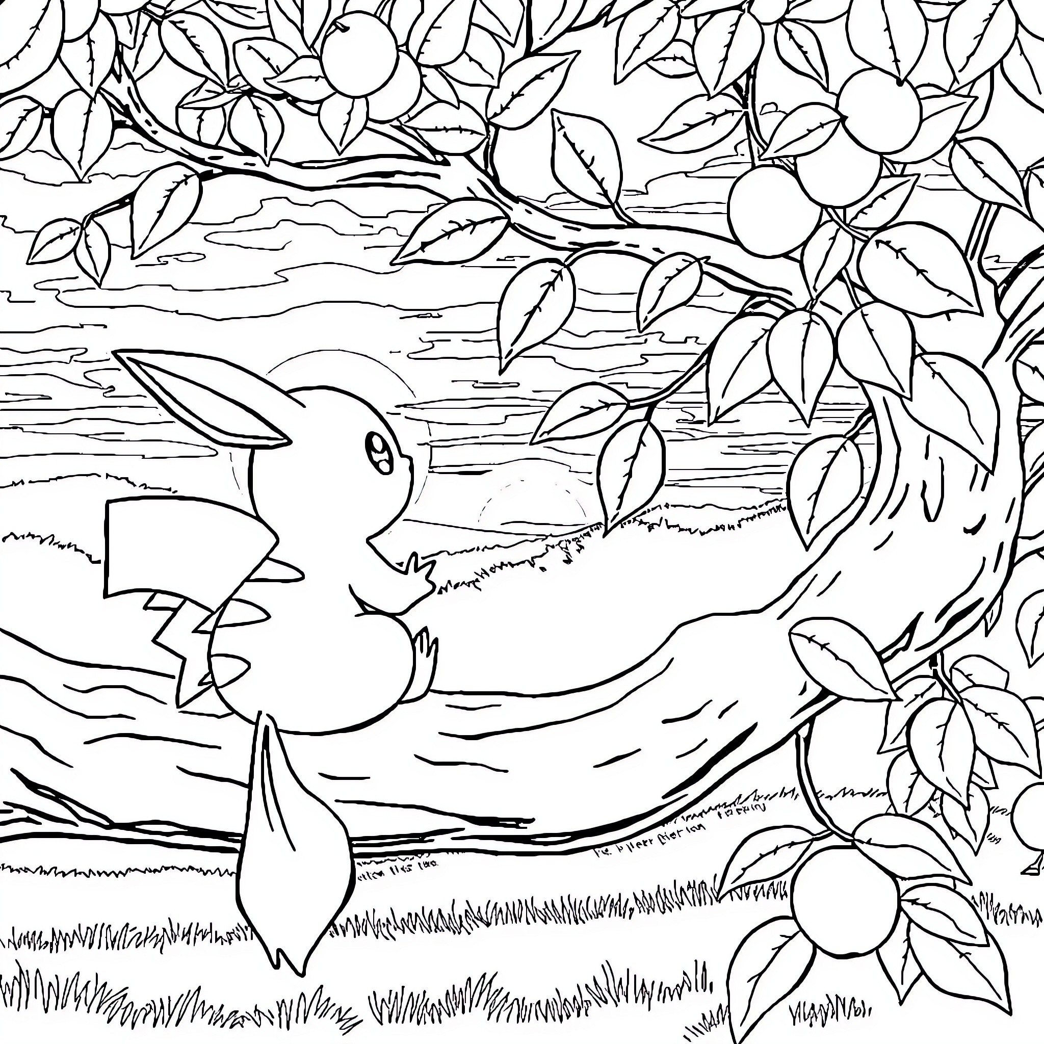 Raichu in a lush forest setting Coloring Page (free black-and-white line drawing printable PDF for all, from beginners to advanced learners, including children, teens, adults, and seniors)