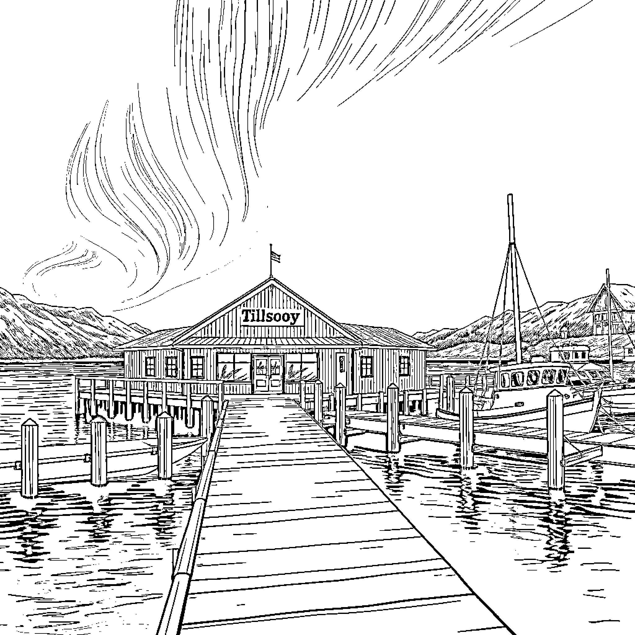 Tilsonbay Waterfront Dock and Boathouse Scene Coloring Page (free black-and-white line drawing printable PDF for all, from beginners to advanced learners, including children, teens, adults, and seniors)