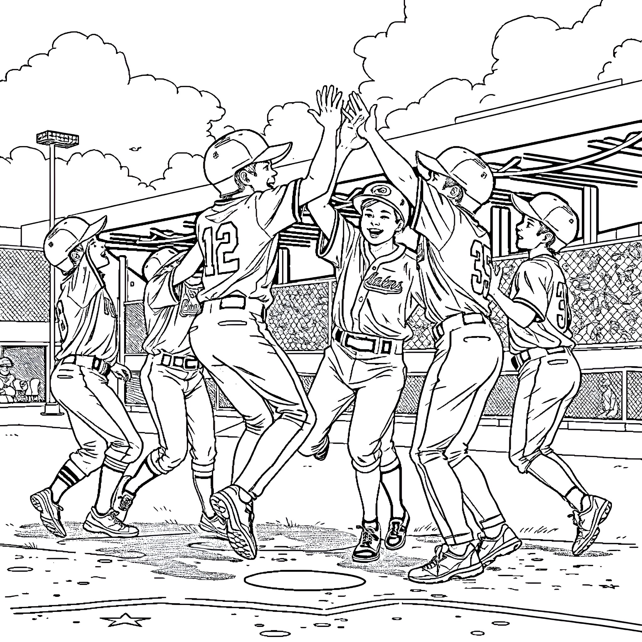 Baseball players celebrating victory on the field Coloring Page (free black-and-white line drawing printable PDF for all, from beginners to advanced learners, including children, teens, adults, and seniors)