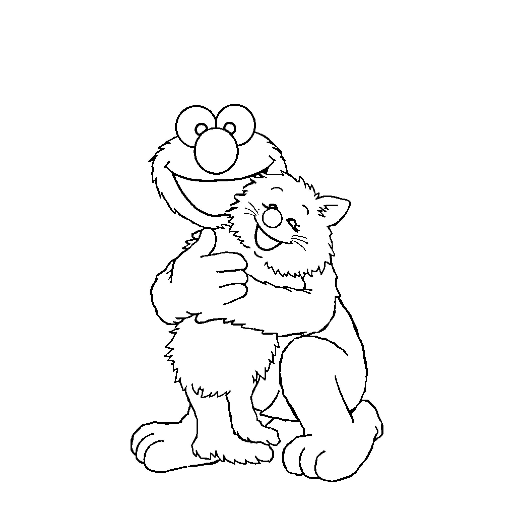Elmo happily hugging a cute kitten Coloring Page (free black-and-white line drawing printable PDF for all, from beginners to advanced learners, including children, teens, adults, and seniors)