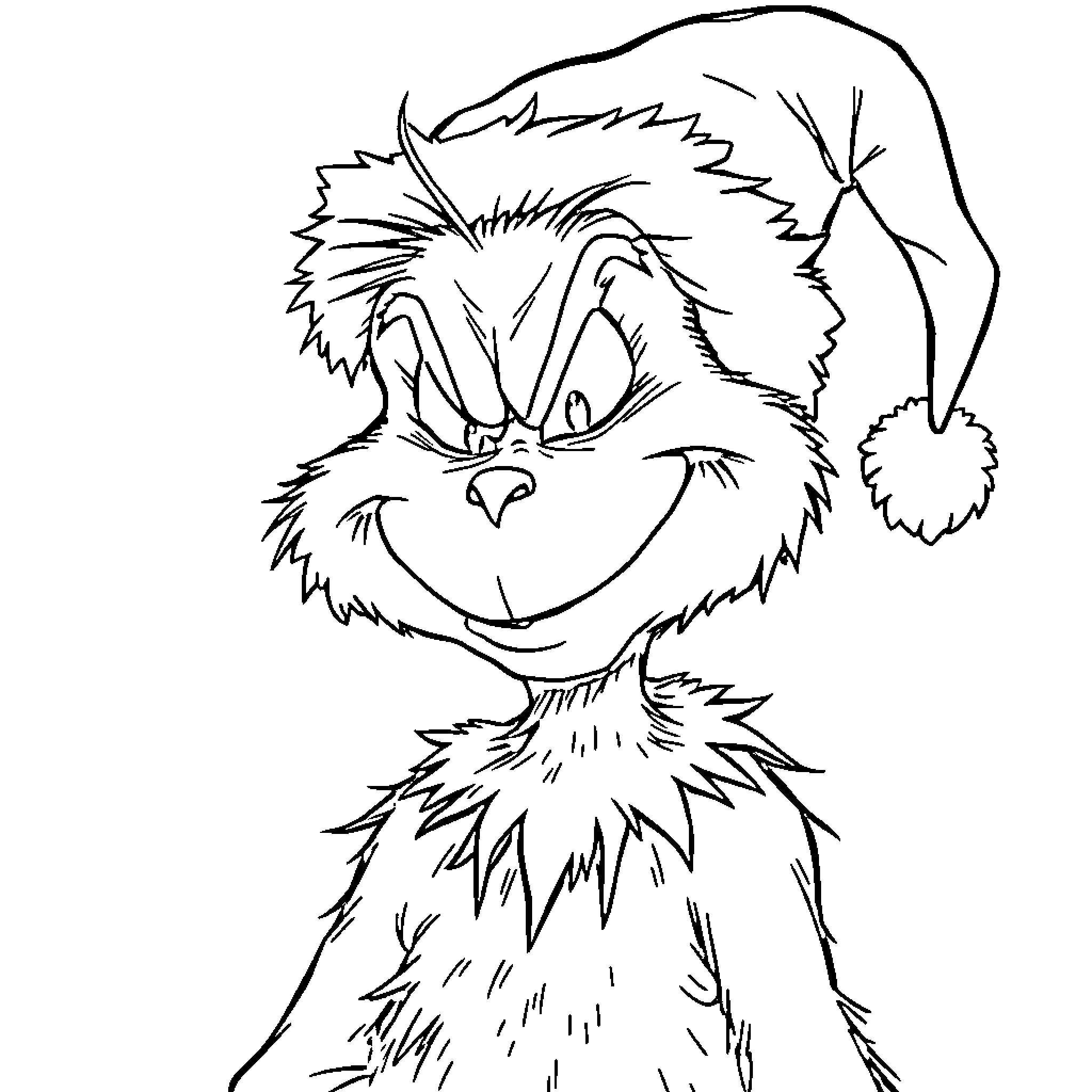 Grinch's Mischievous Grin Coloring Page (free black-and-white line drawing printable PDF for all, from beginners to advanced learners, including children, teens, adults, and seniors)