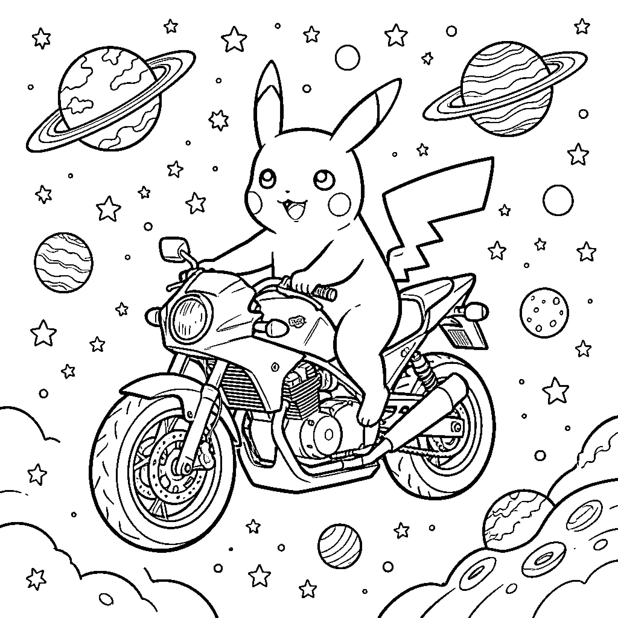 Pikachu riding a motorcycle through outer space Coloring Page (free black-and-white line drawing printable PDF for all, from beginners to advanced learners, including children, teens, adults, and seniors)