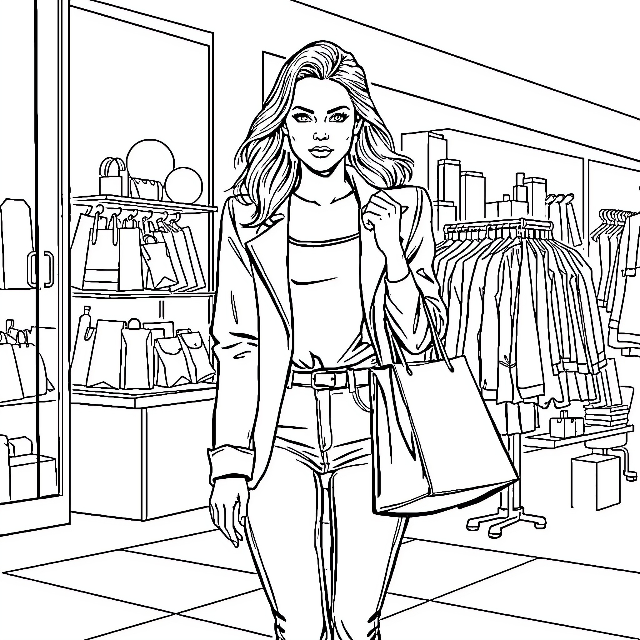 Margot Robbie Shopping Happily in the City Coloring Page (free black-and-white line drawing printable PDF for all, from beginners to advanced learners, including children, teens, adults, and seniors)