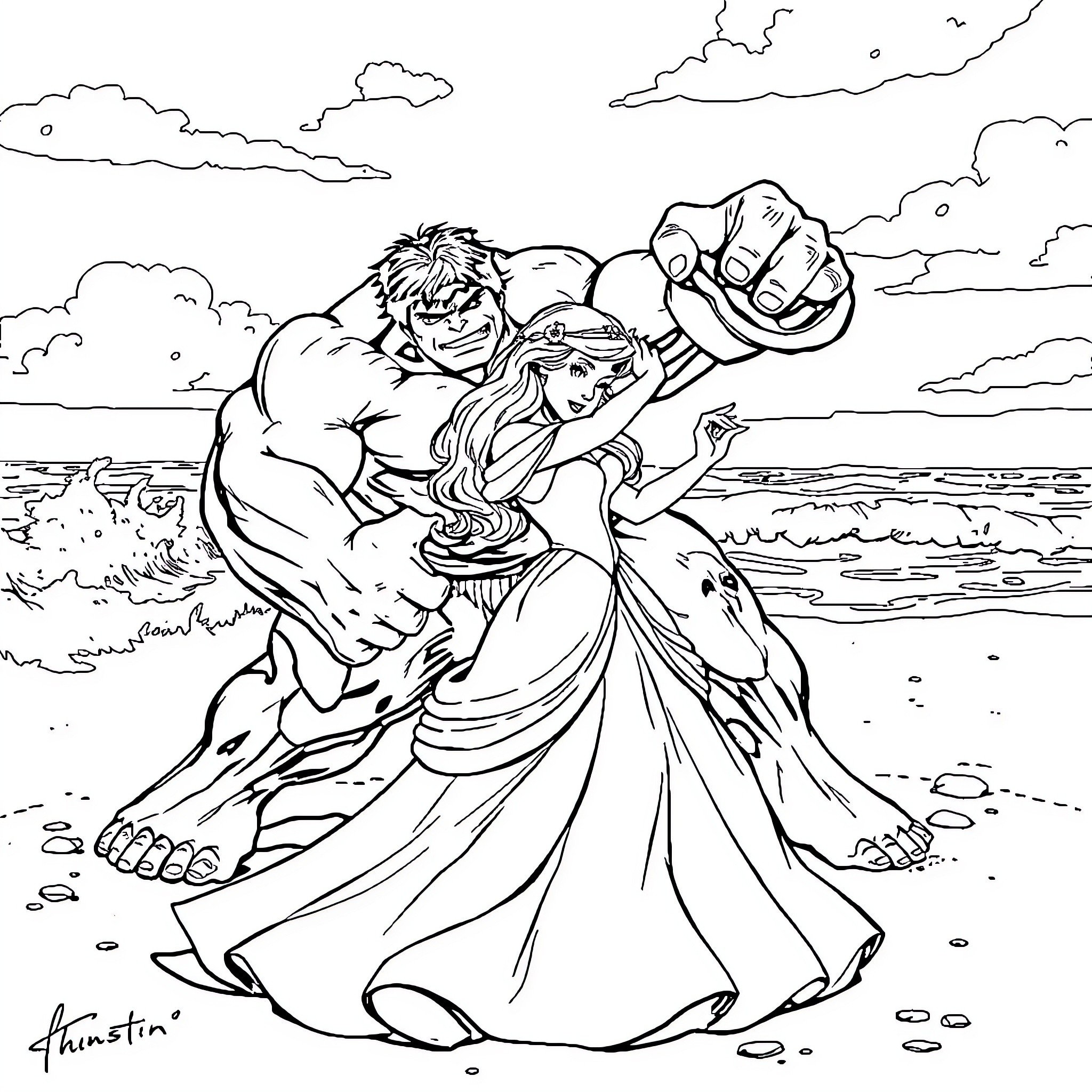Beauty in the Beast's Embrace Coloring Page (free black-and-white line drawing printable PDF for all, from beginners to advanced learners, including children, teens, adults, and seniors)
