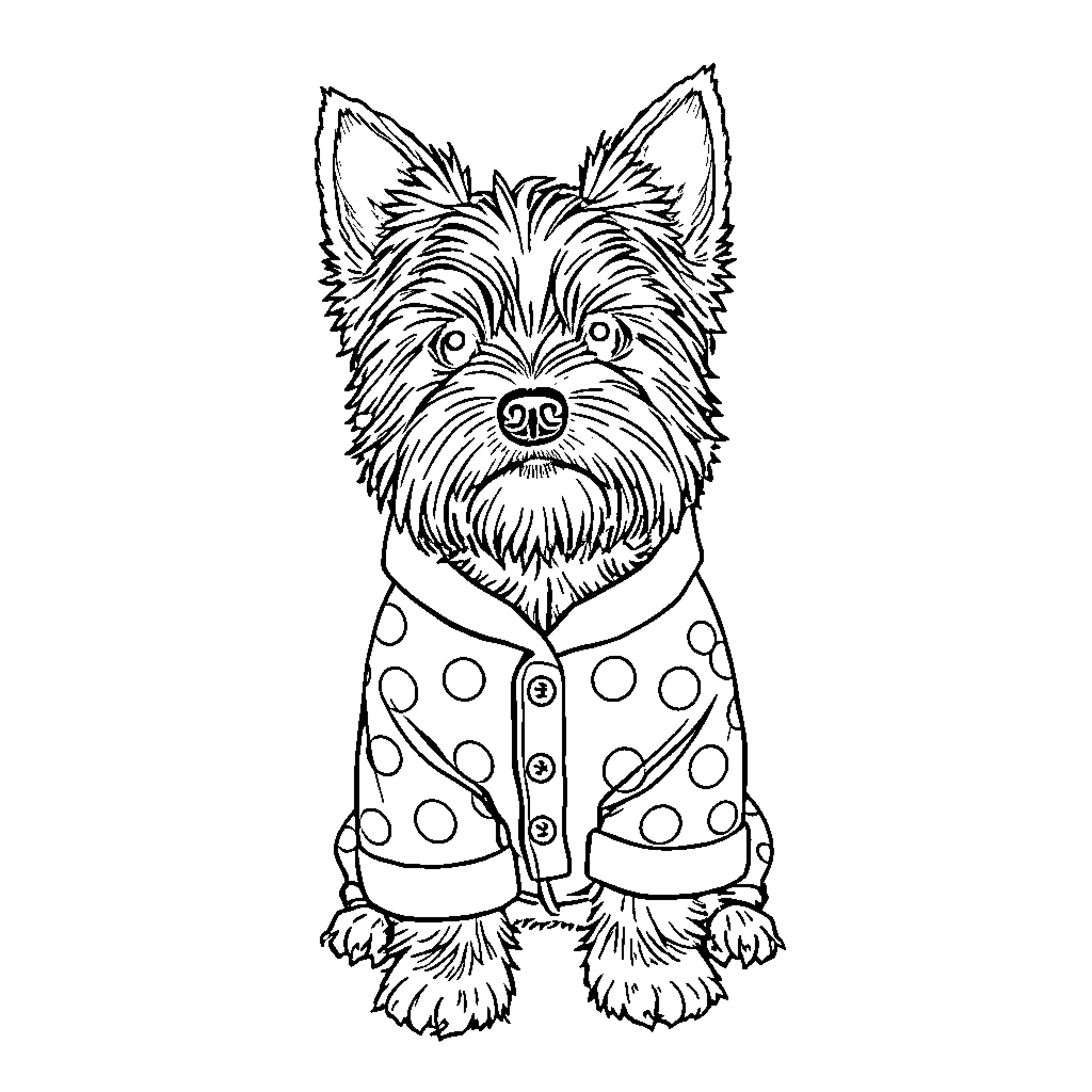 Yorkshire Terrier in a Polka Dot Outfit Coloring Page (free black-and-white line drawing printable PDF for all, from beginners to advanced learners, including children, teens, adults, and seniors)