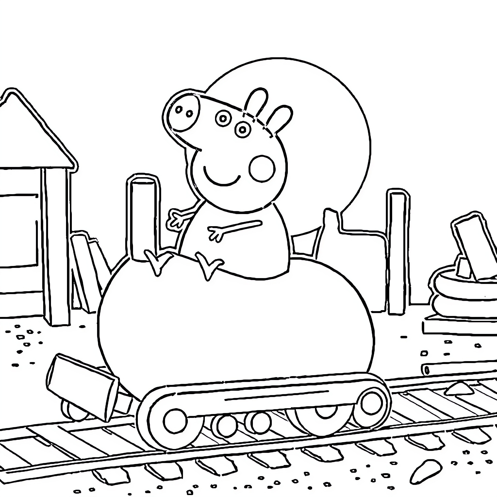 Peppa Pig enjoying a ride on a snow vehicle Coloring Page (free black-and-white line drawing printable PDF for all, from beginners to advanced learners, including children, teens, adults, and seniors)