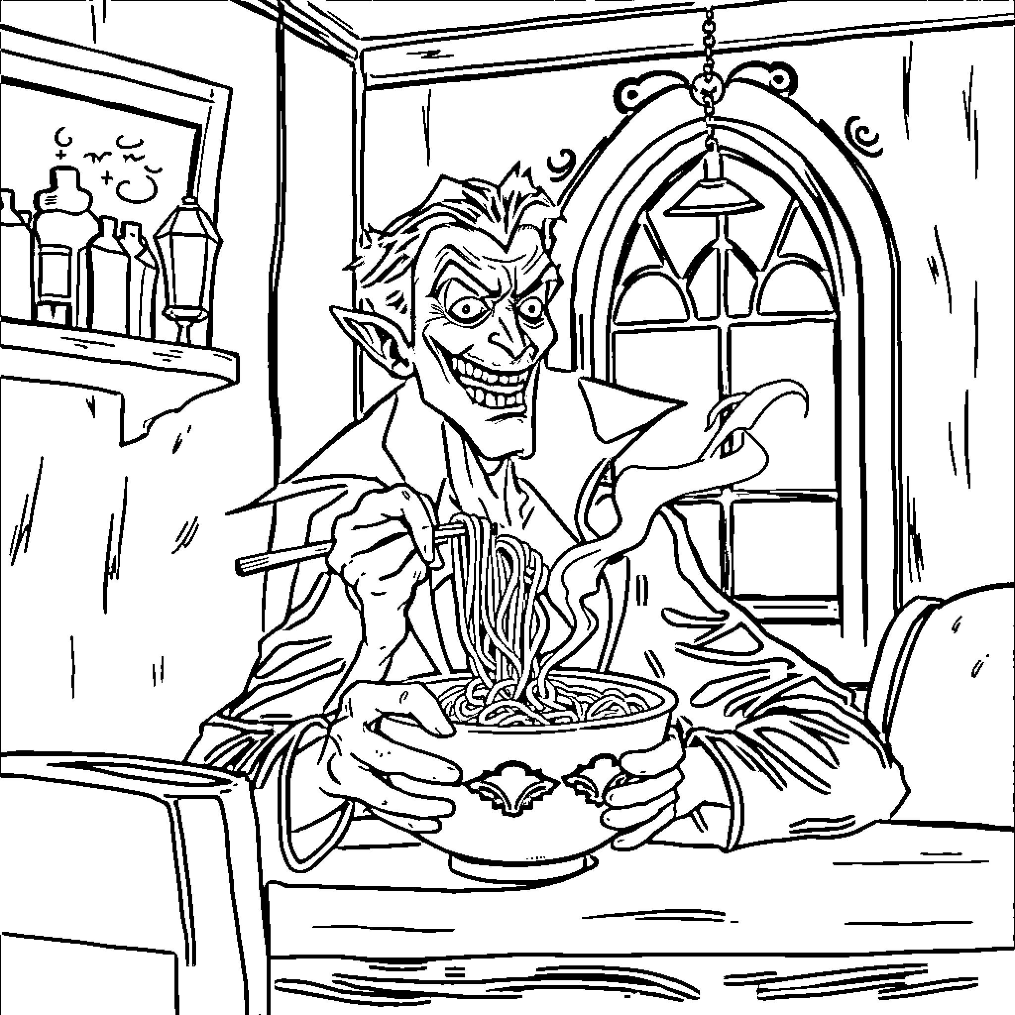Vampire enjoying a sinister meal in a dark setting Coloring Page (free black-and-white line drawing printable PDF for all, from beginners to advanced learners, including children, teens, adults, and seniors)