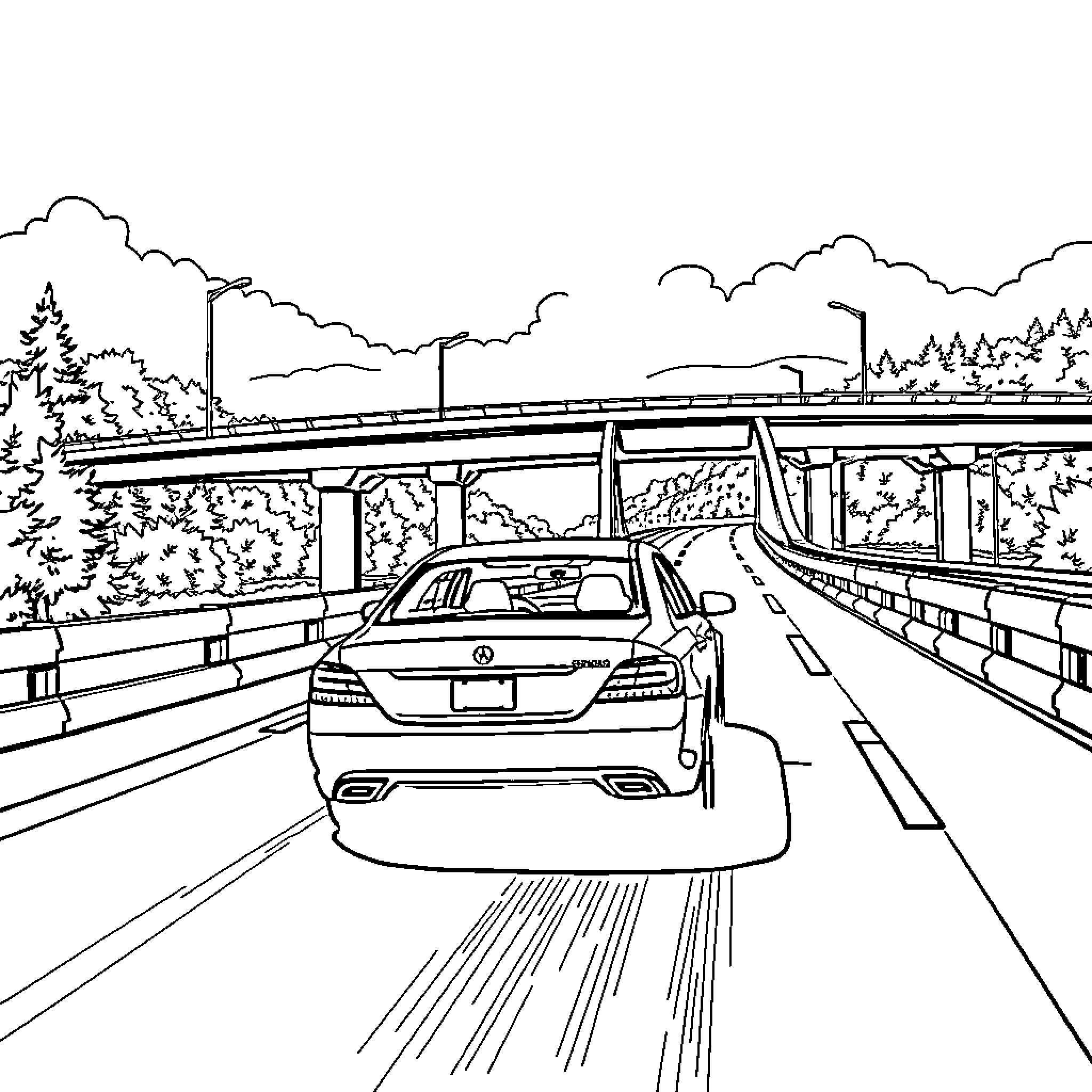 Car on winding highway through forest landscape Coloring Page (free black-and-white line drawing printable PDF for all, from beginners to advanced learners, including children, teens, adults, and seniors)