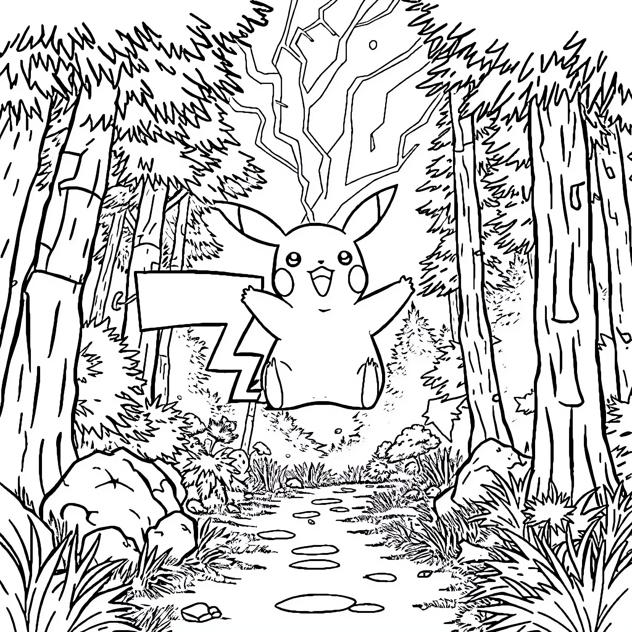 Pikachu exploring the mysterious forest Coloring Page (free black-and-white line drawing printable PDF for all, from beginners to advanced learners, including children, teens, adults, and seniors)