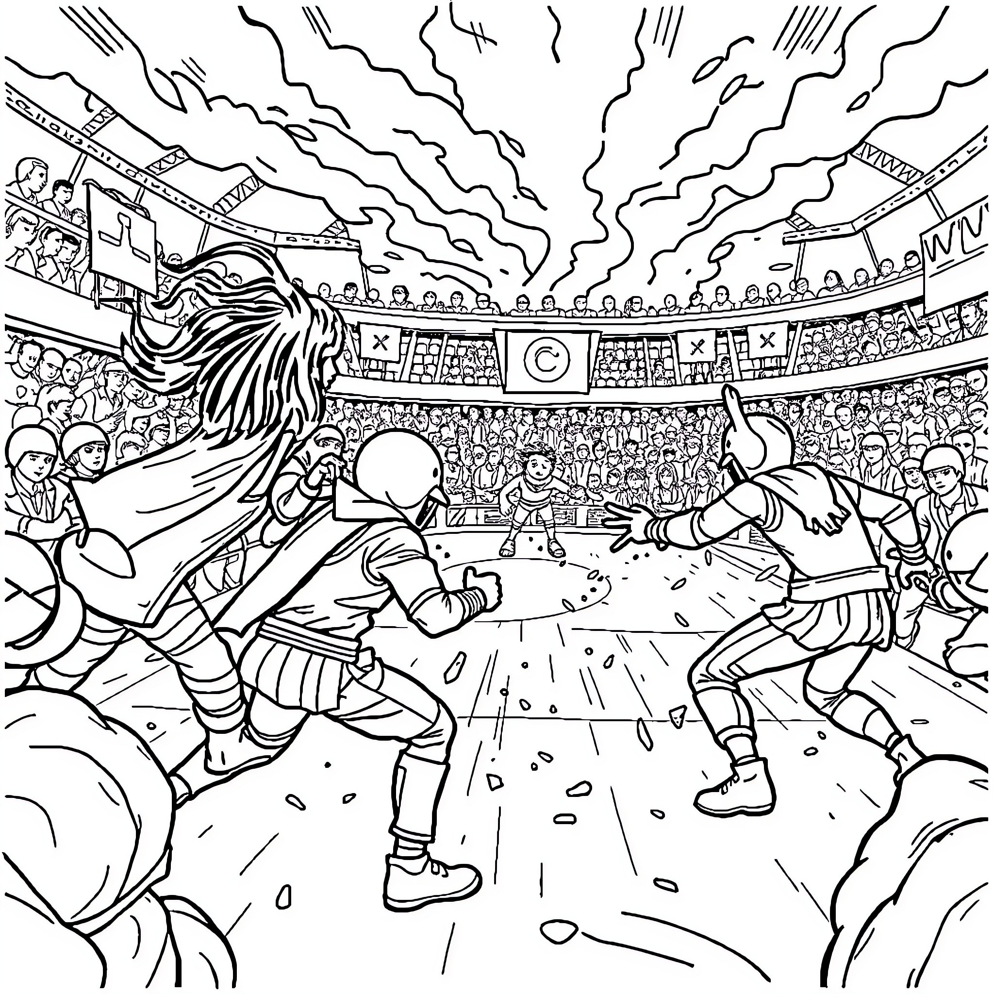 Squid Game: Intense Battle in the Arena Coloring Page (free black-and-white line drawing printable PDF for all, from beginners to advanced learners, including children, teens, adults, and seniors)