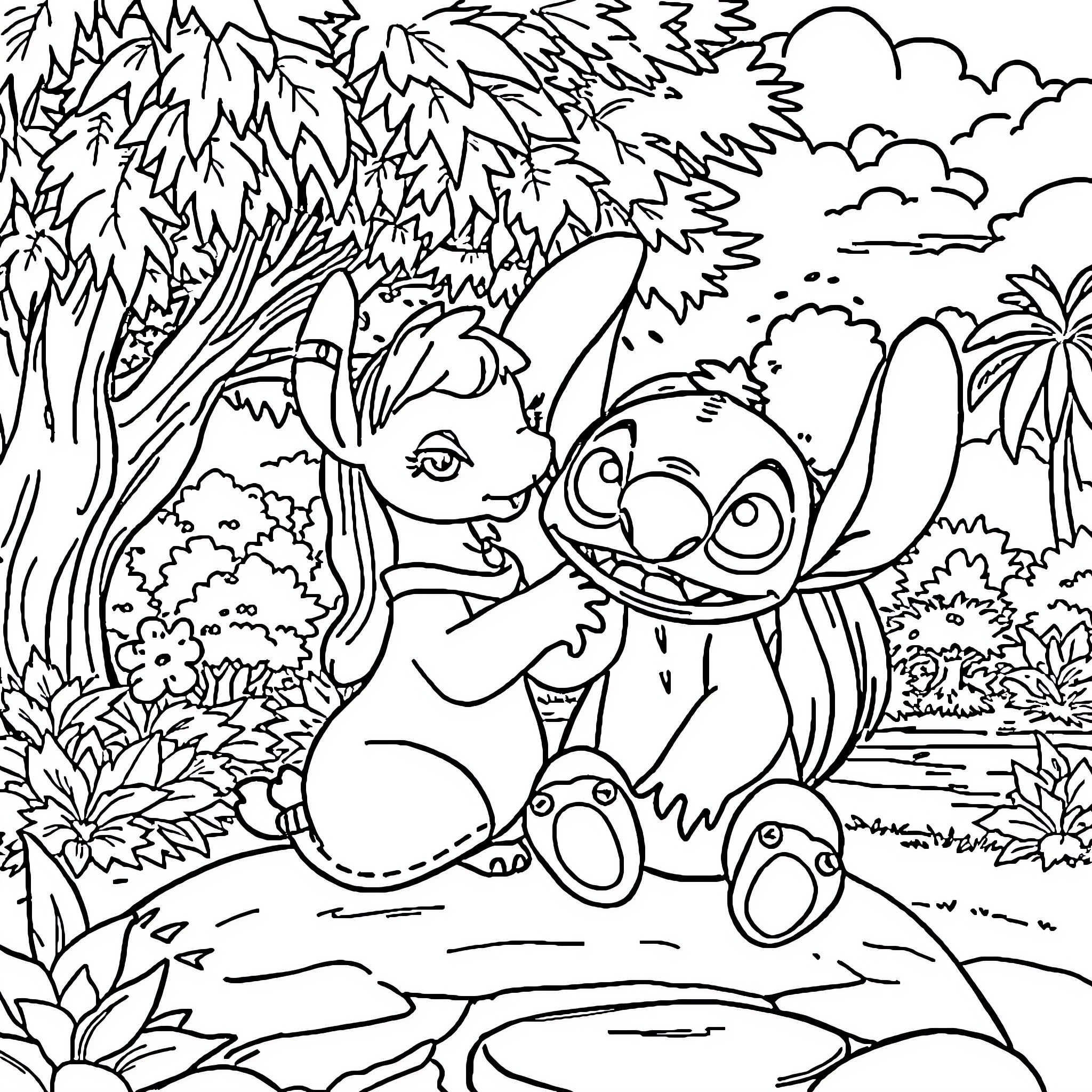 Lilo and Stitch exploring the tropical forest Coloring Page (free black-and-white line drawing printable PDF for all, from beginners to advanced learners, including children, teens, adults, and seniors)
