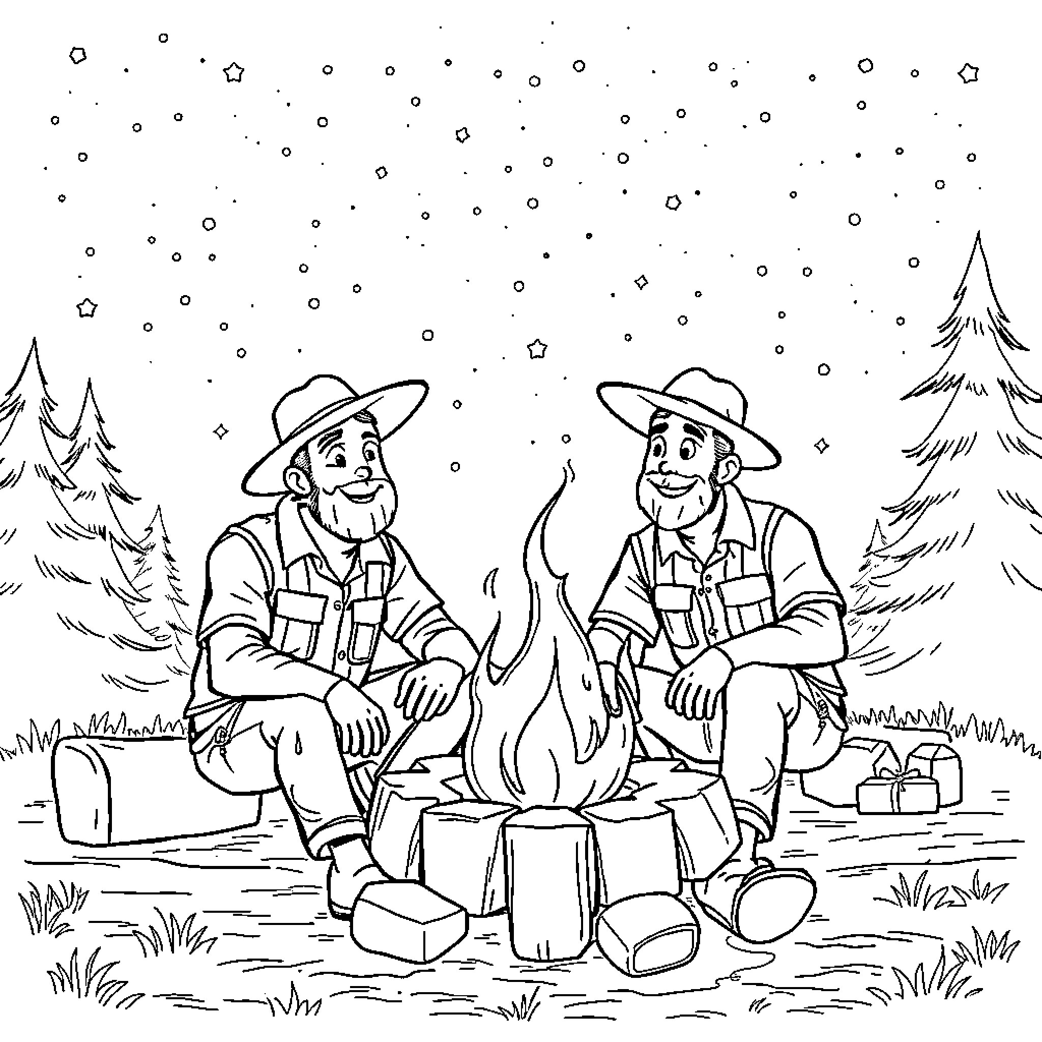 Sales Guys Enjoying Campfire in Snowy Forest Coloring Page (free black-and-white line drawing printable PDF for all, from beginners to advanced learners, including children, teens, adults, and seniors)