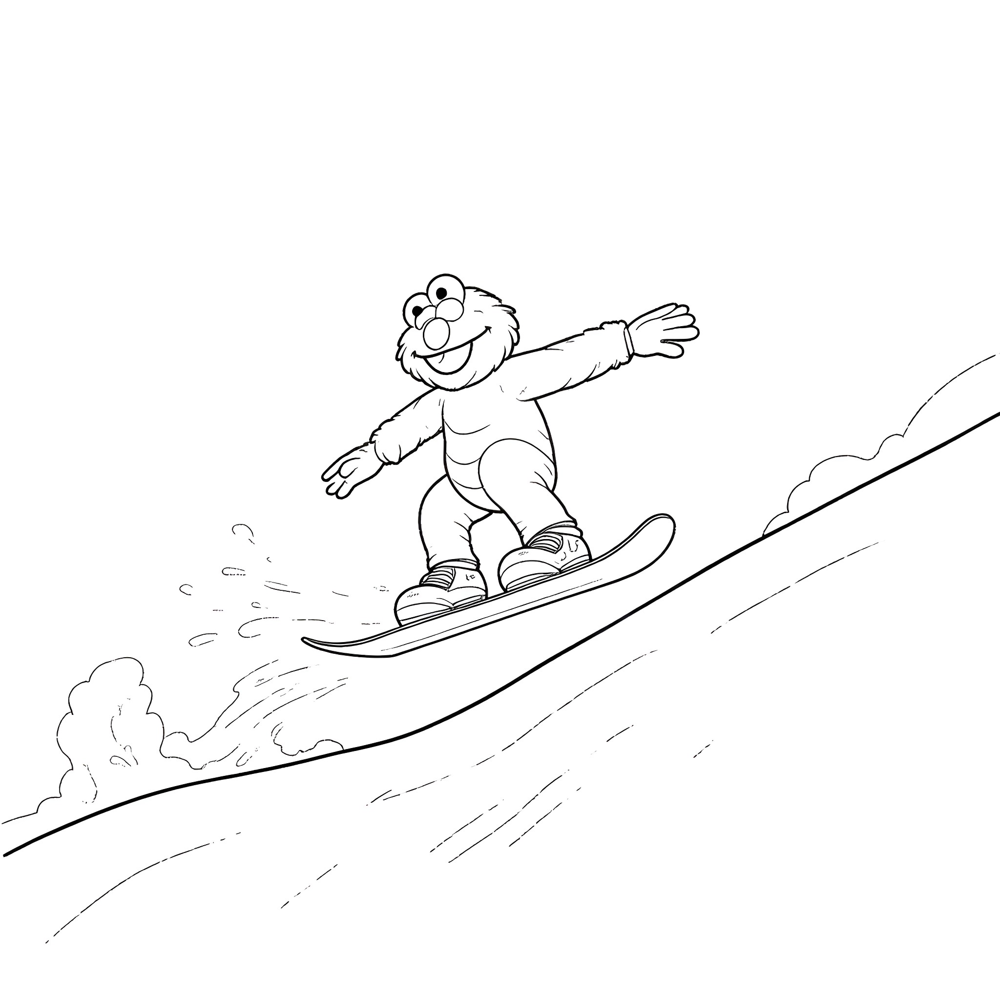 Elmo excitedly snowboarding down the slope Coloring Page (free black-and-white line drawing printable PDF for all, from beginners to advanced learners, including children, teens, adults, and seniors)