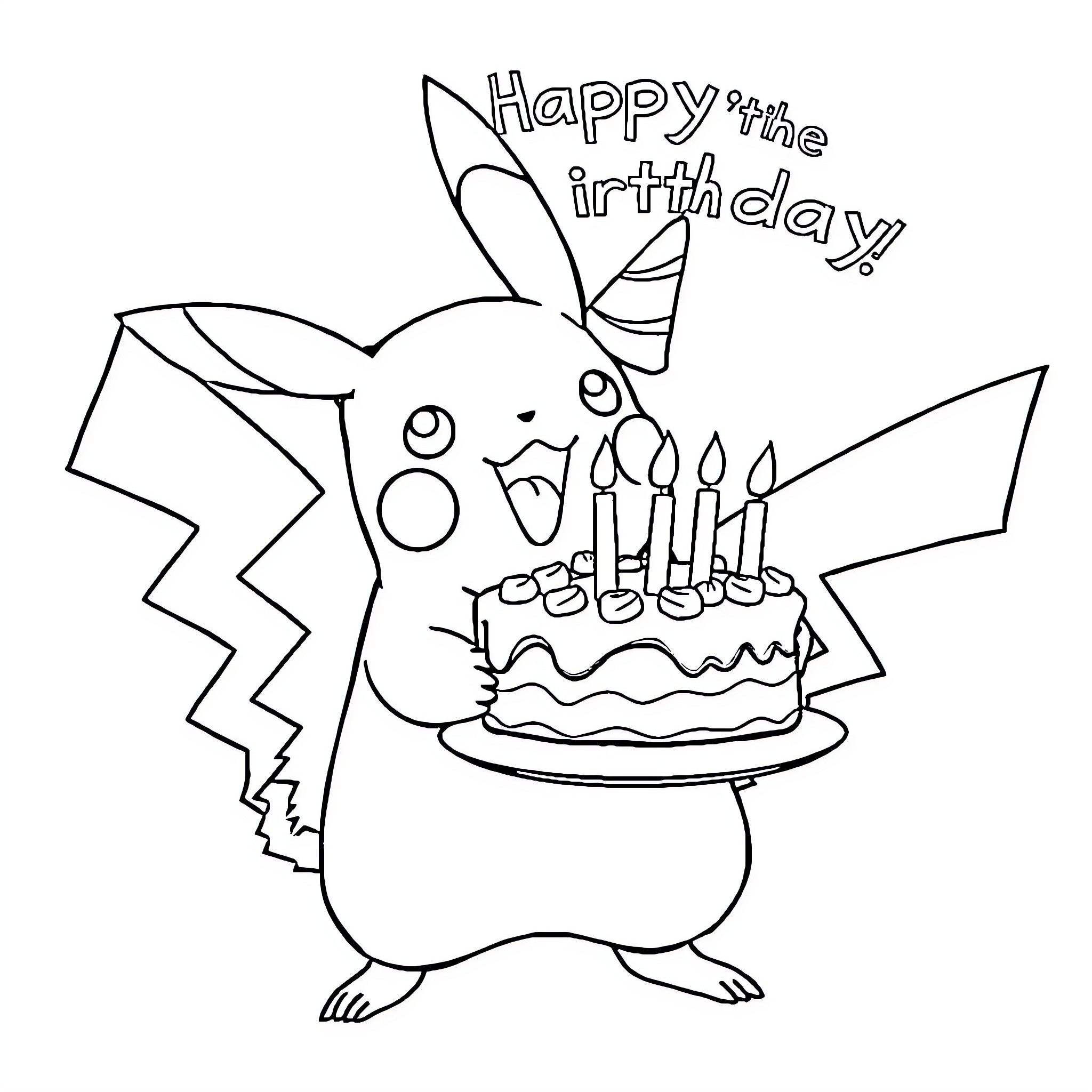 Pikachu celebrating a birthday party Coloring Page (free black-and-white line drawing printable PDF for all, from beginners to advanced learners, including children, teens, adults, and seniors)