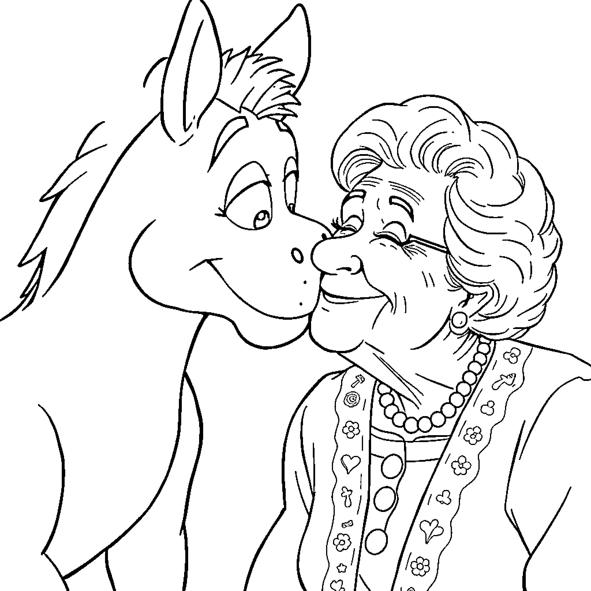 Dunkey and the Cheerful Elderly Lady Coloring Page (free black-and-white line drawing printable PDF for all, from beginners to advanced learners, including children, teens, adults, and seniors)