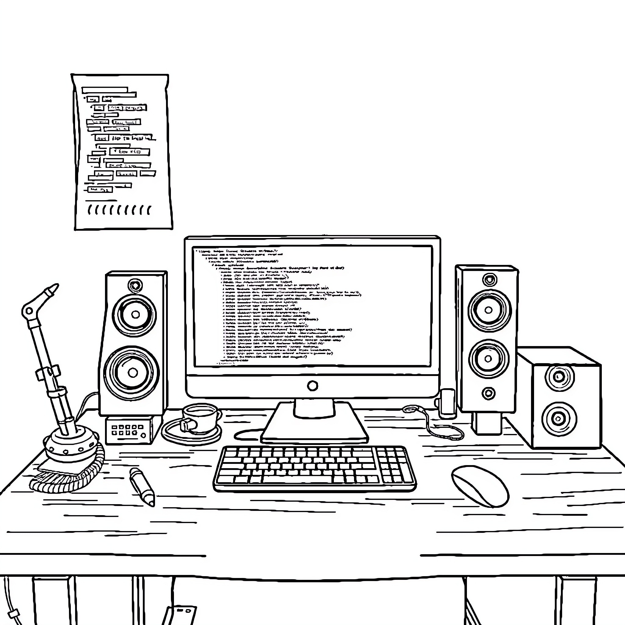 PC Setup with Keyboard, Mouse, and Audio Speakers Coloring Page (free black-and-white line drawing printable PDF for all, from beginners to advanced learners, including children, teens, adults, and seniors)