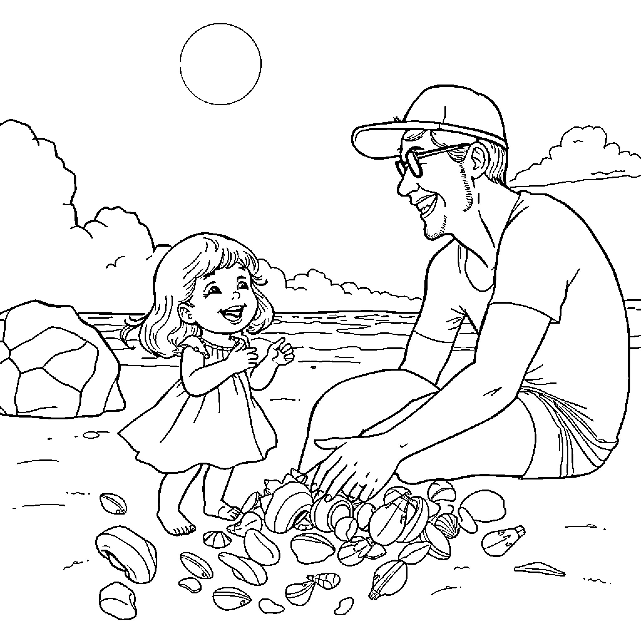 Girl and father enjoy nature at the beach Coloring Page (free black-and-white line drawing printable PDF for all, from beginners to advanced learners, including children, teens, adults, and seniors)