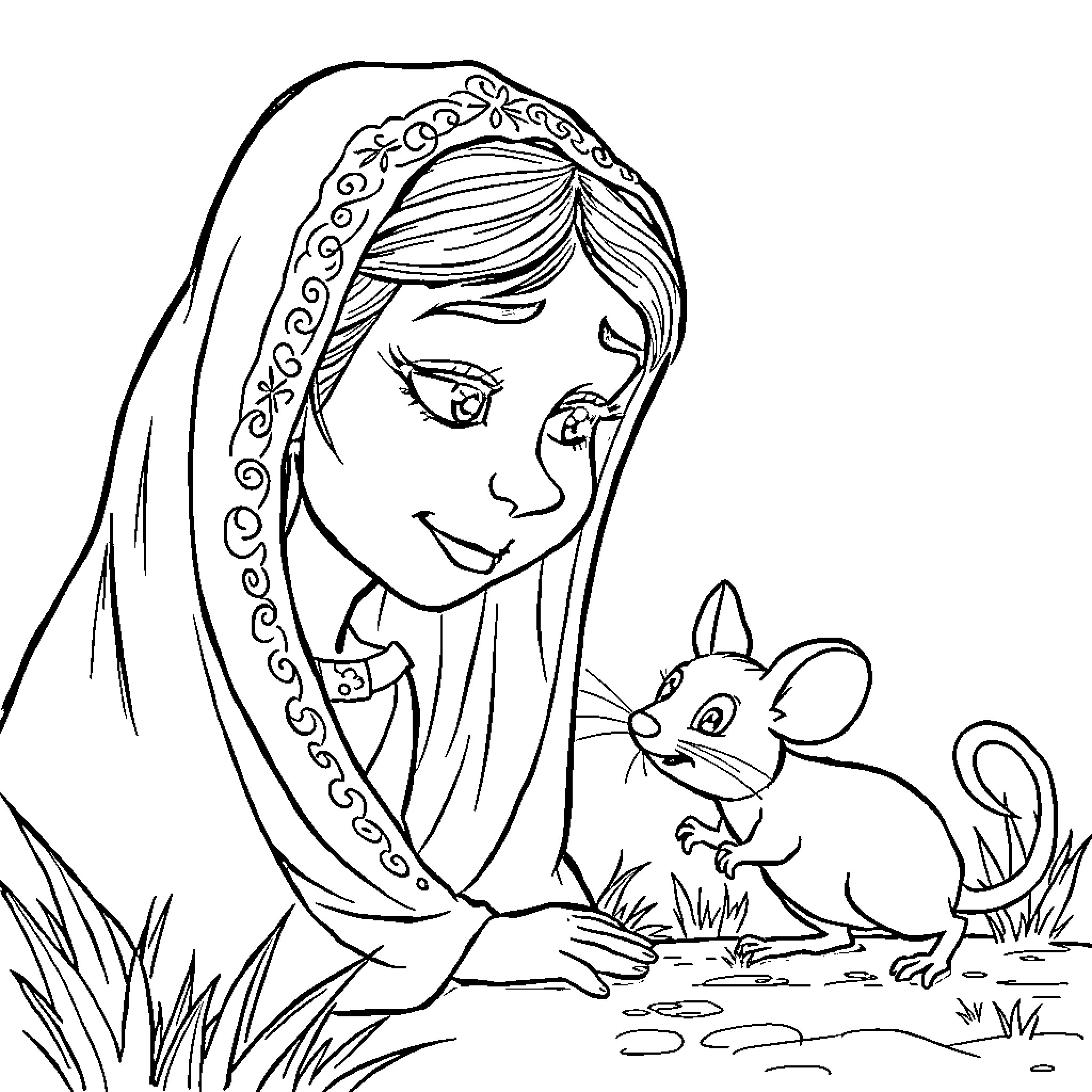 Señora interacts with a curious forest creature Coloring Page (free black-and-white line drawing printable PDF for all, from beginners to advanced learners, including children, teens, adults, and seniors)
