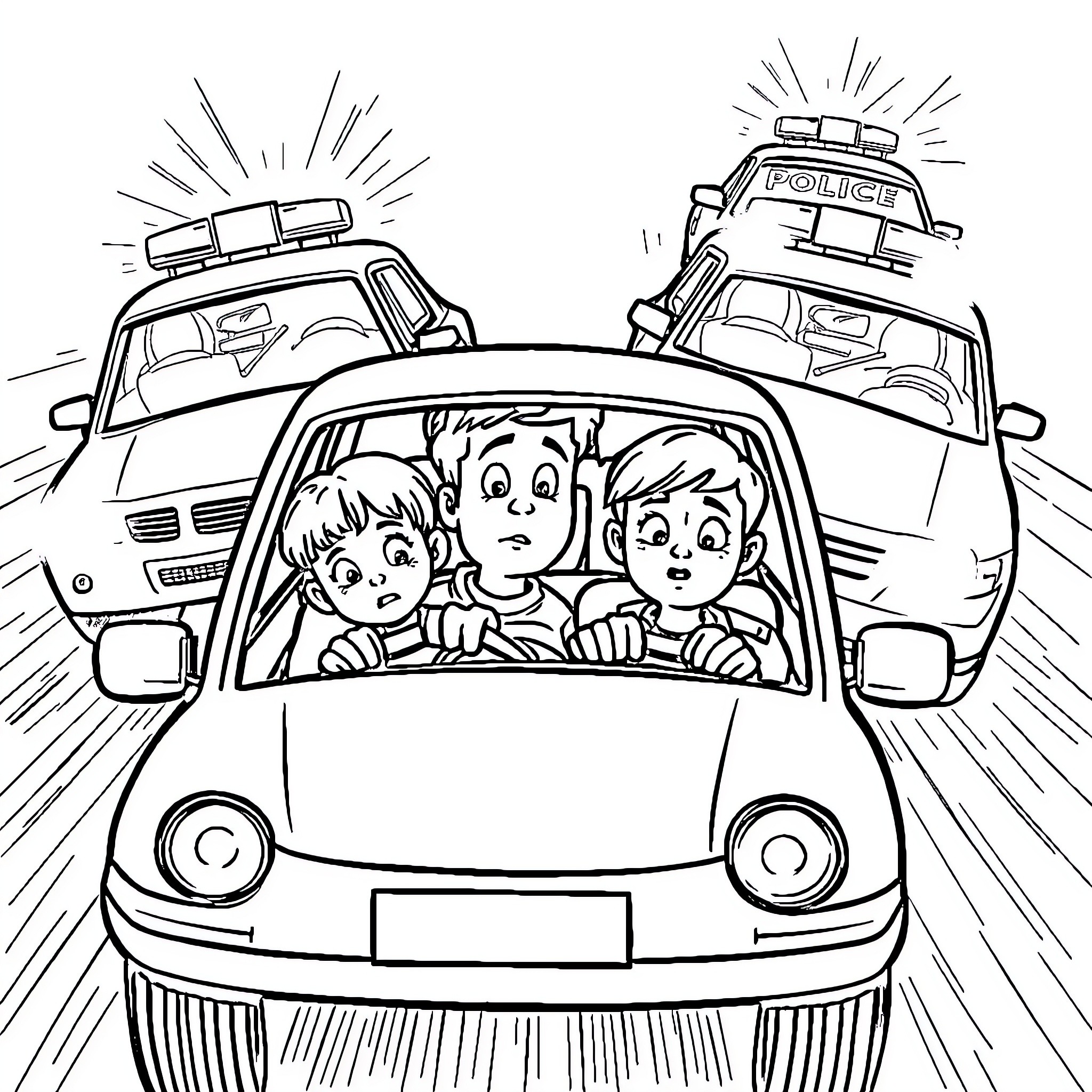 Car chasing scene with police cars and scared passengers Coloring Page (free black-and-white line drawing printable PDF for all, from beginners to advanced learners, including children, teens, adults, and seniors)