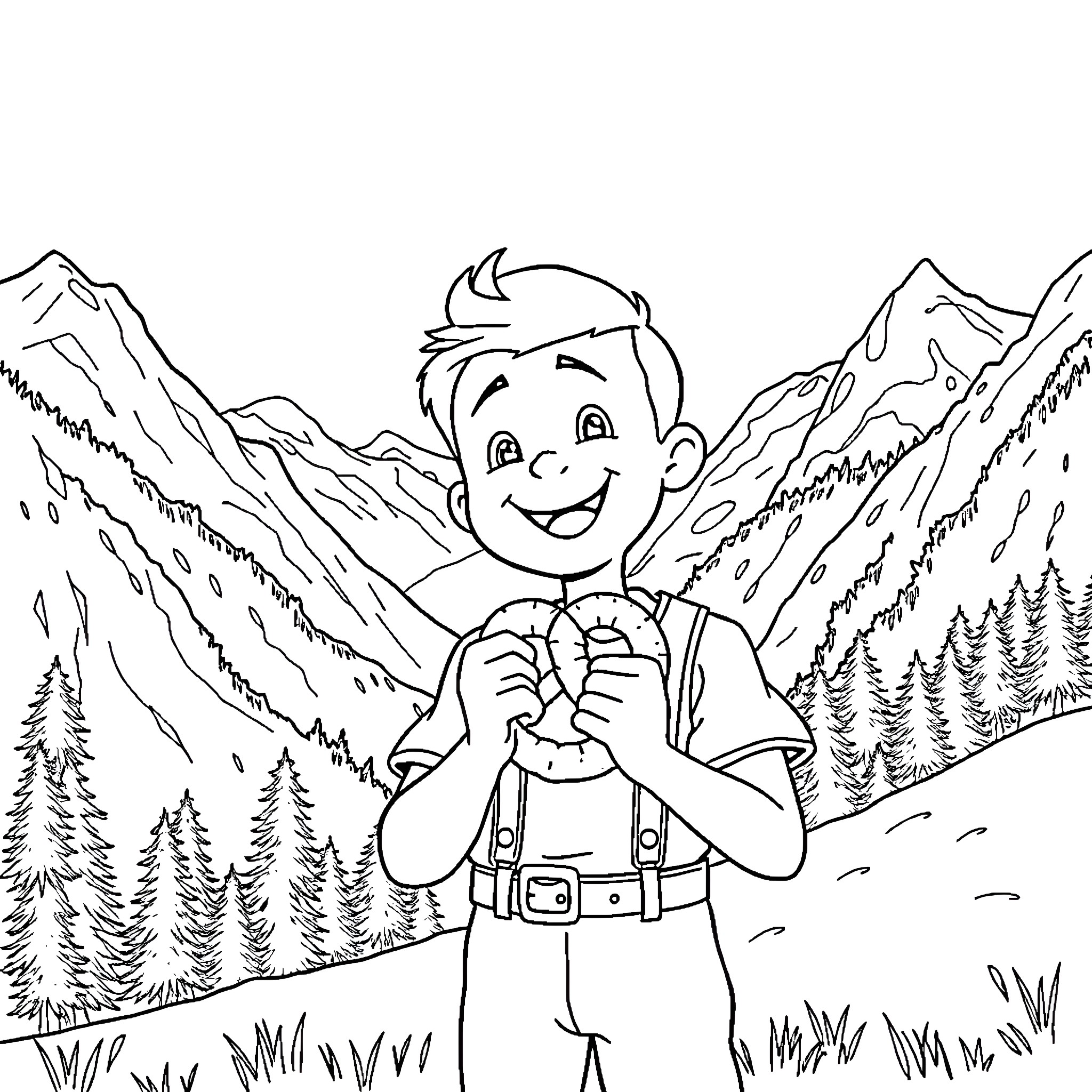 Boy Exploring the Mountainous Landscape Coloring Page (free black-and-white line drawing printable PDF for all, from beginners to advanced learners, including children, teens, adults, and seniors)