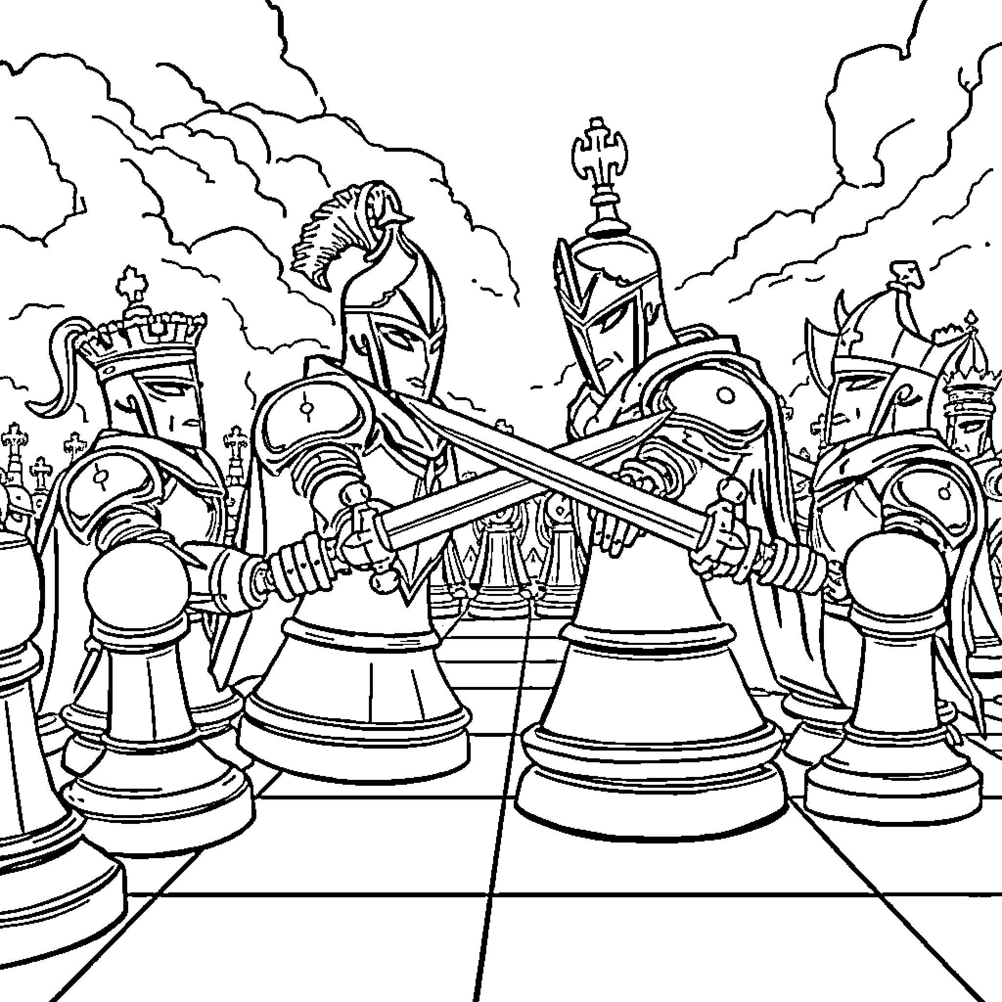Chess Piece Battle in Stormy Landscape Coloring Page (free black-and-white line drawing printable PDF for all, from beginners to advanced learners, including children, teens, adults, and seniors)