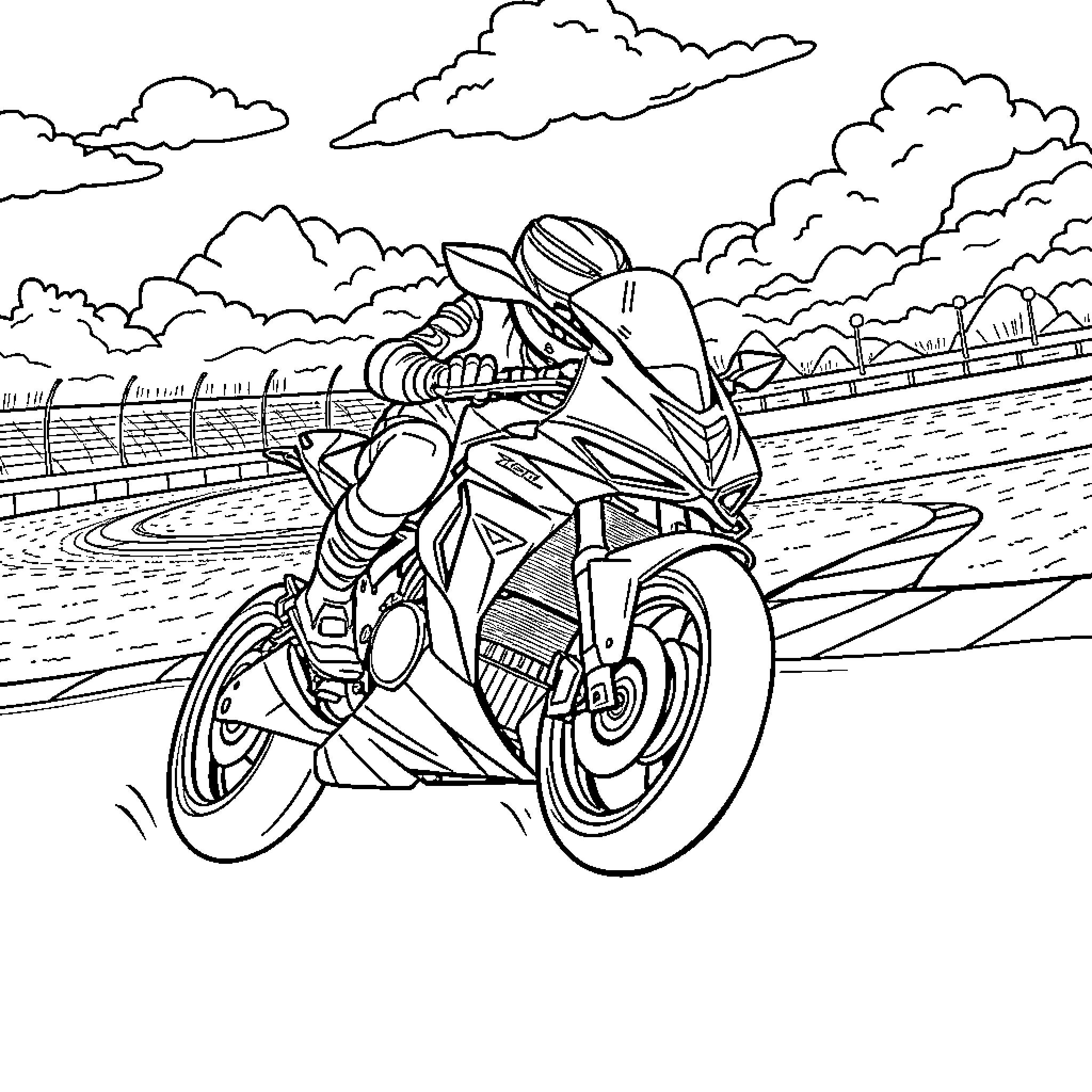 Grom Bike racing on the highway Coloring Page (free black-and-white line drawing printable PDF for all, from beginners to advanced learners, including children, teens, adults, and seniors)