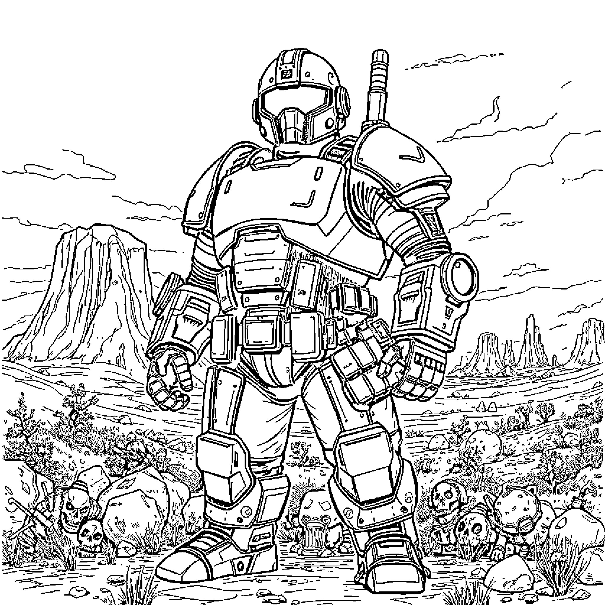 Power Armour Warrior Stands Tall in Alien Landscape Coloring Page (free black-and-white line drawing printable PDF for all, from beginners to advanced learners, including children, teens, adults, and seniors)