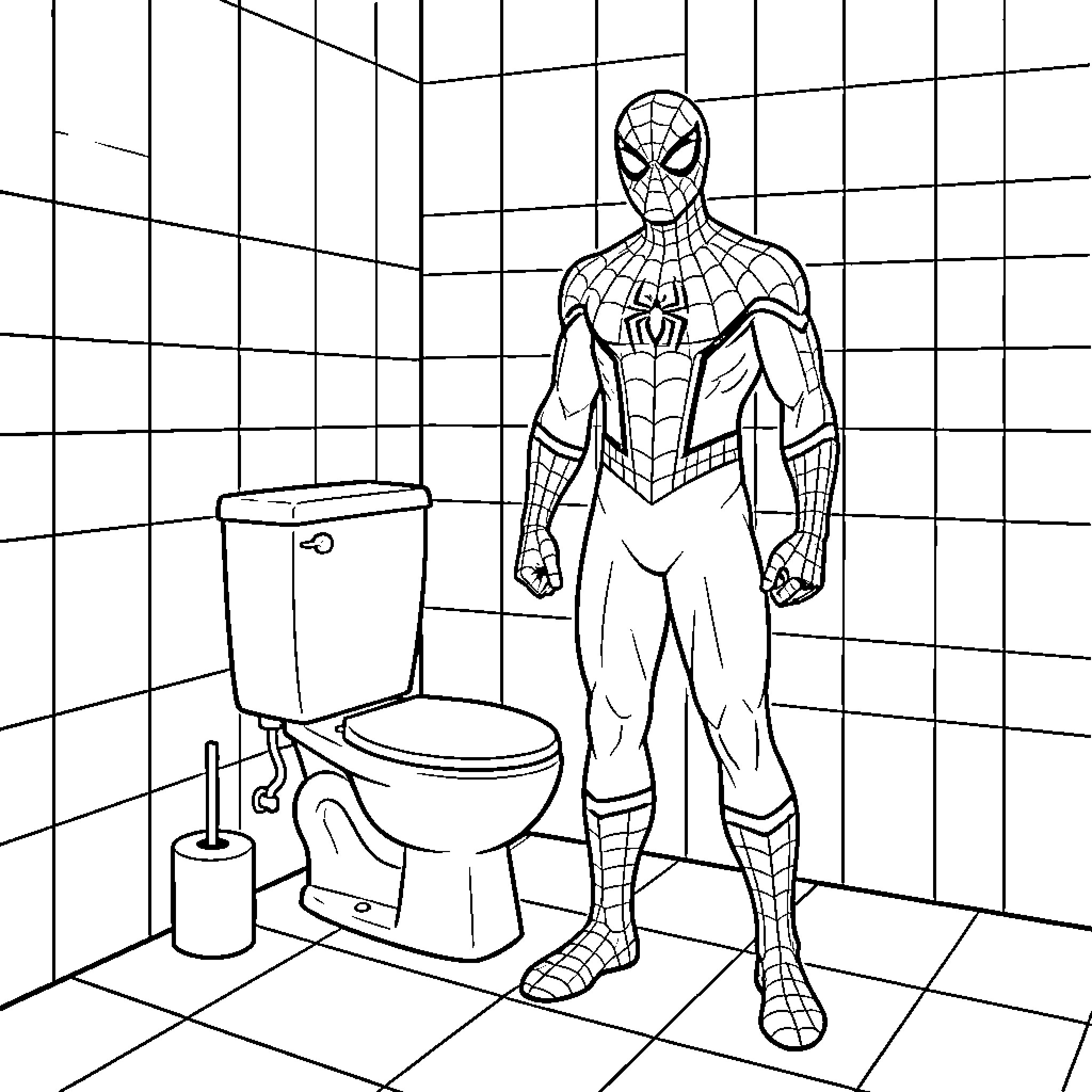 Spiderman standing heroically in a bathroom Coloring Page (free black-and-white line drawing printable PDF for all, from beginners to advanced learners, including children, teens, adults, and seniors)