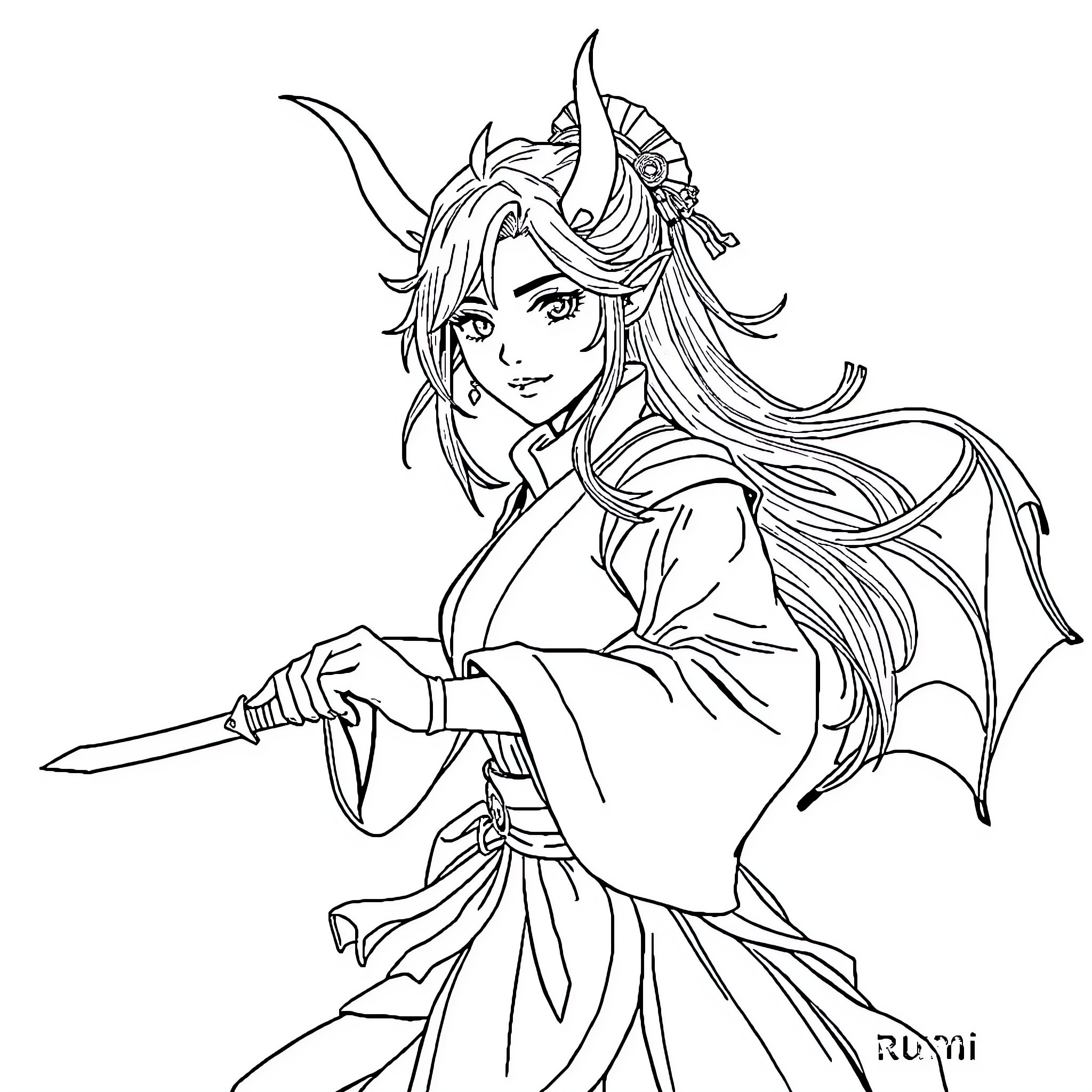 Rumi's Enigmatic Warrior Pose Coloring Page (free black-and-white line drawing printable PDF for all, from beginners to advanced learners, including children, teens, adults, and seniors)