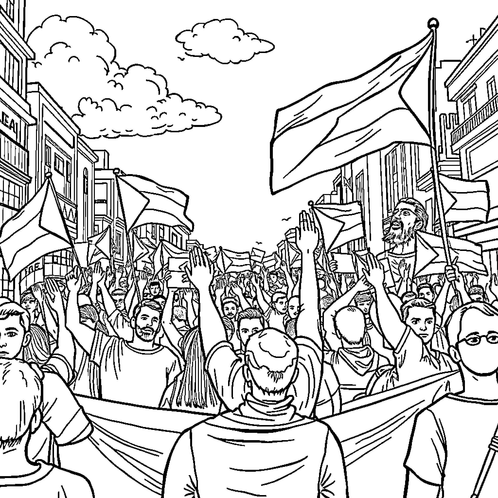 Palestine protest with flags and crowd in the city Coloring Page (free black-and-white line drawing printable PDF for all, from beginners to advanced learners, including children, teens, adults, and seniors)