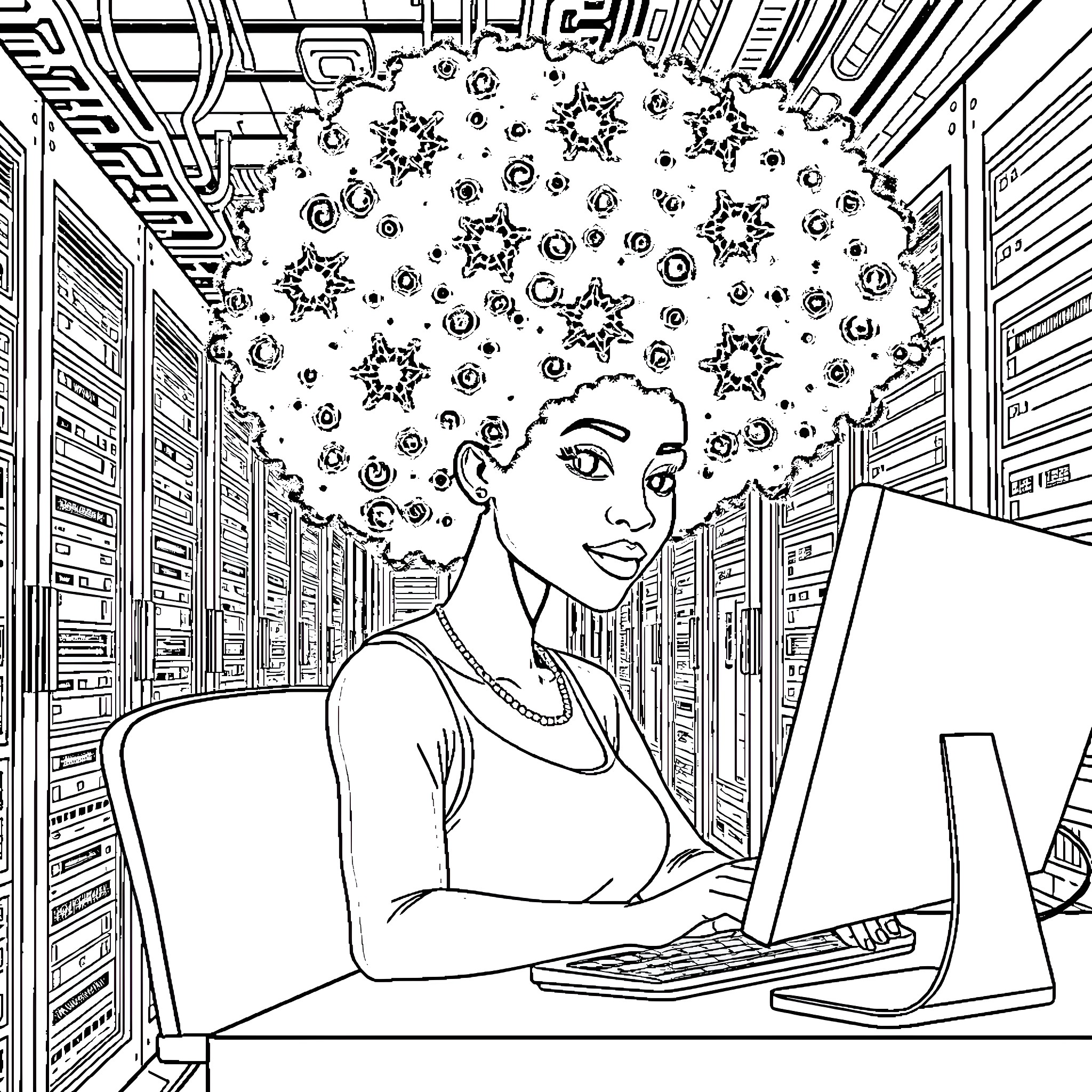 Woman with creative thoughts working on computer Coloring Page (free black-and-white line drawing printable PDF for all, from beginners to advanced learners, including children, teens, adults, and seniors)