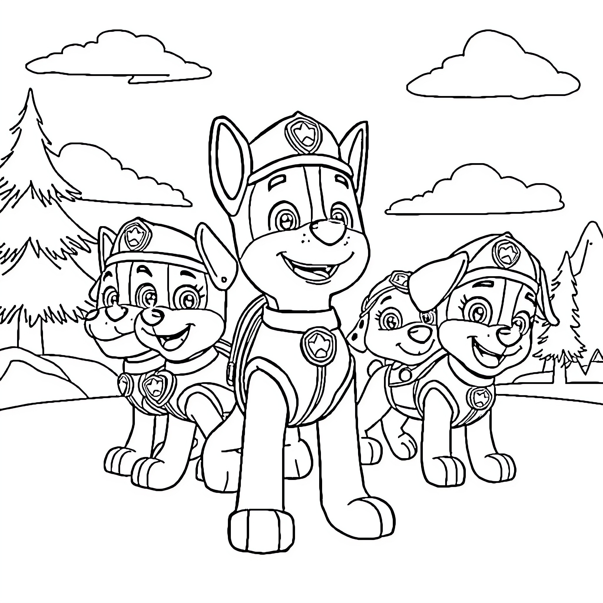 Paw Patrol Pups on an Adventure Coloring Page (free black-and-white line drawing printable PDF for all, from beginners to advanced learners, including children, teens, adults, and seniors)