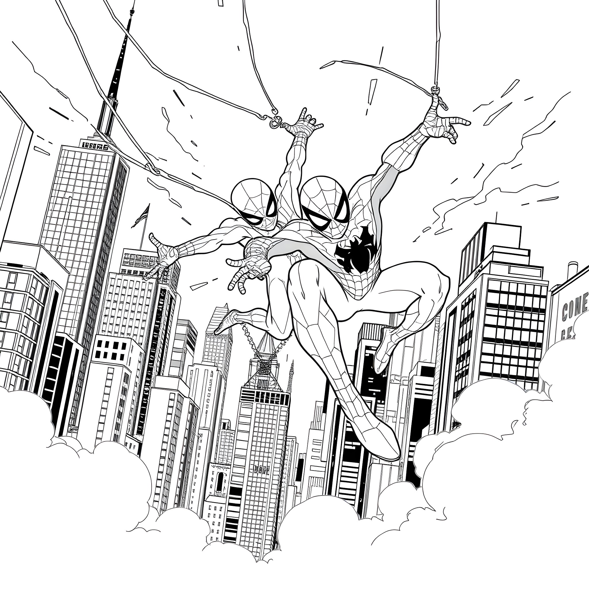 Spider-Man swinging through the city skyline Coloring Page (free black-and-white line drawing printable PDF for all, from beginners to advanced learners, including children, teens, adults, and seniors)