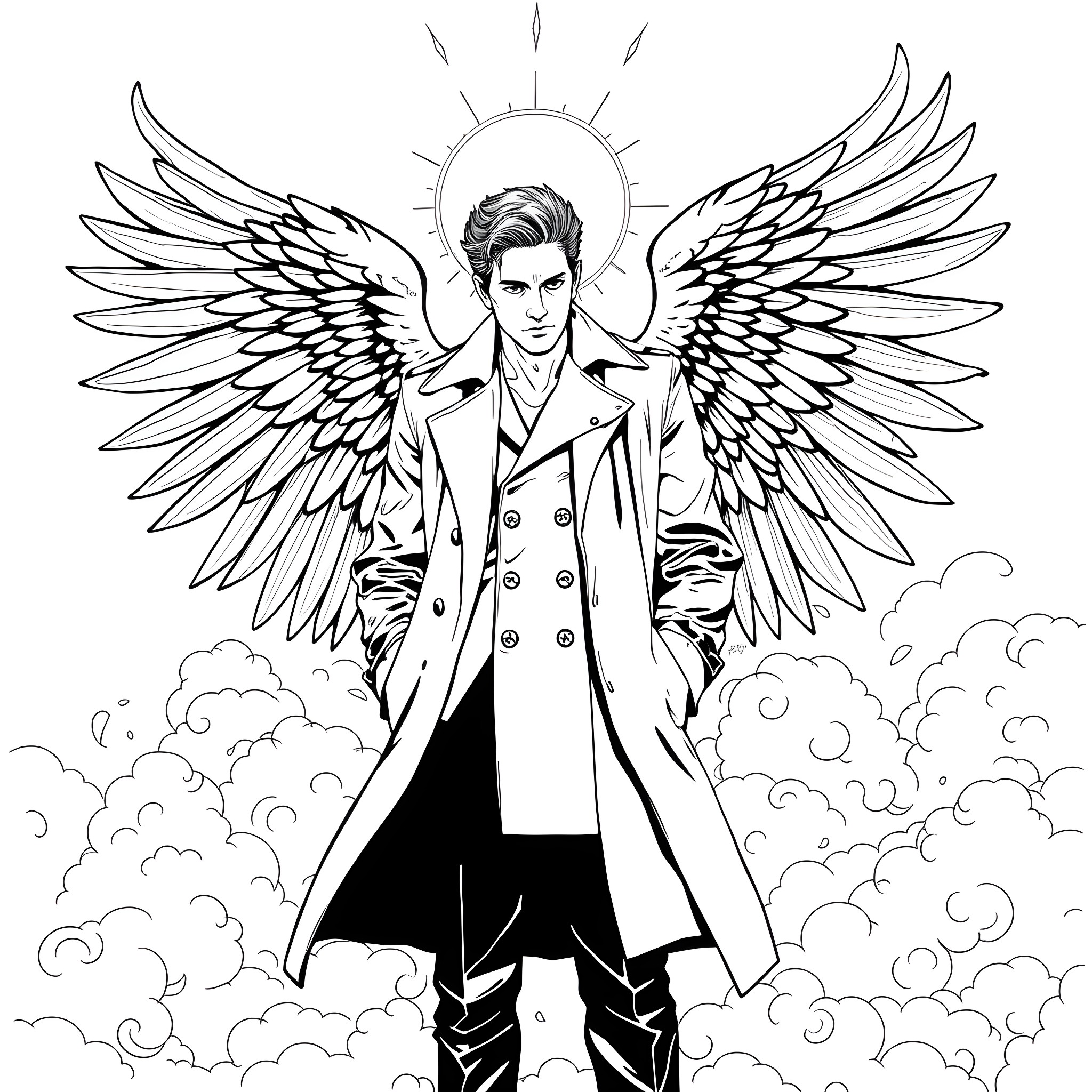 Castiel, the Angelic Guardian, Spreads His Wings Coloring Page (free black-and-white line drawing printable PDF for all, from beginners to advanced learners, including children, teens, adults, and seniors)