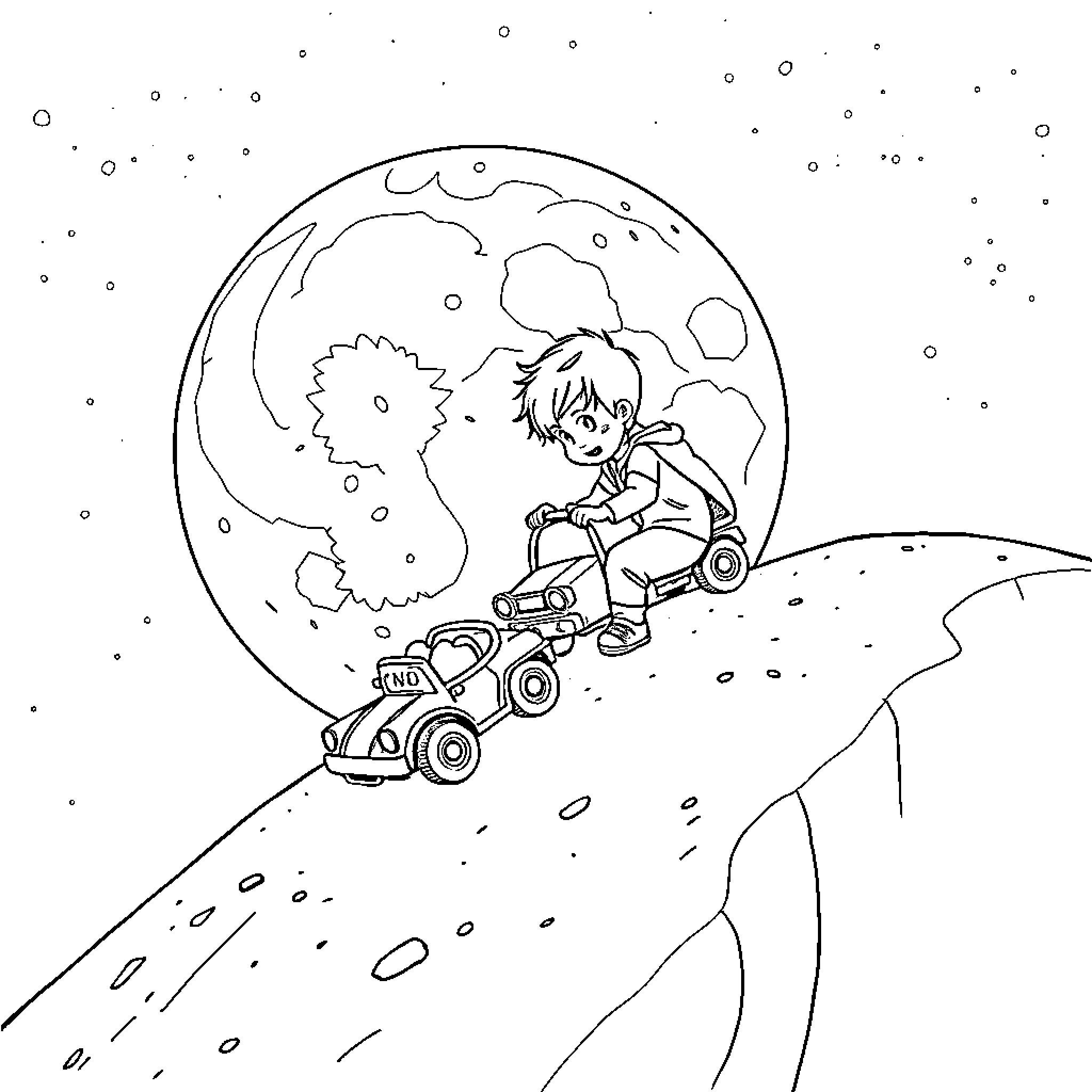 Boy riding ATV under the night sky Coloring Page (free black-and-white line drawing printable PDF for all, from beginners to advanced learners, including children, teens, adults, and seniors)