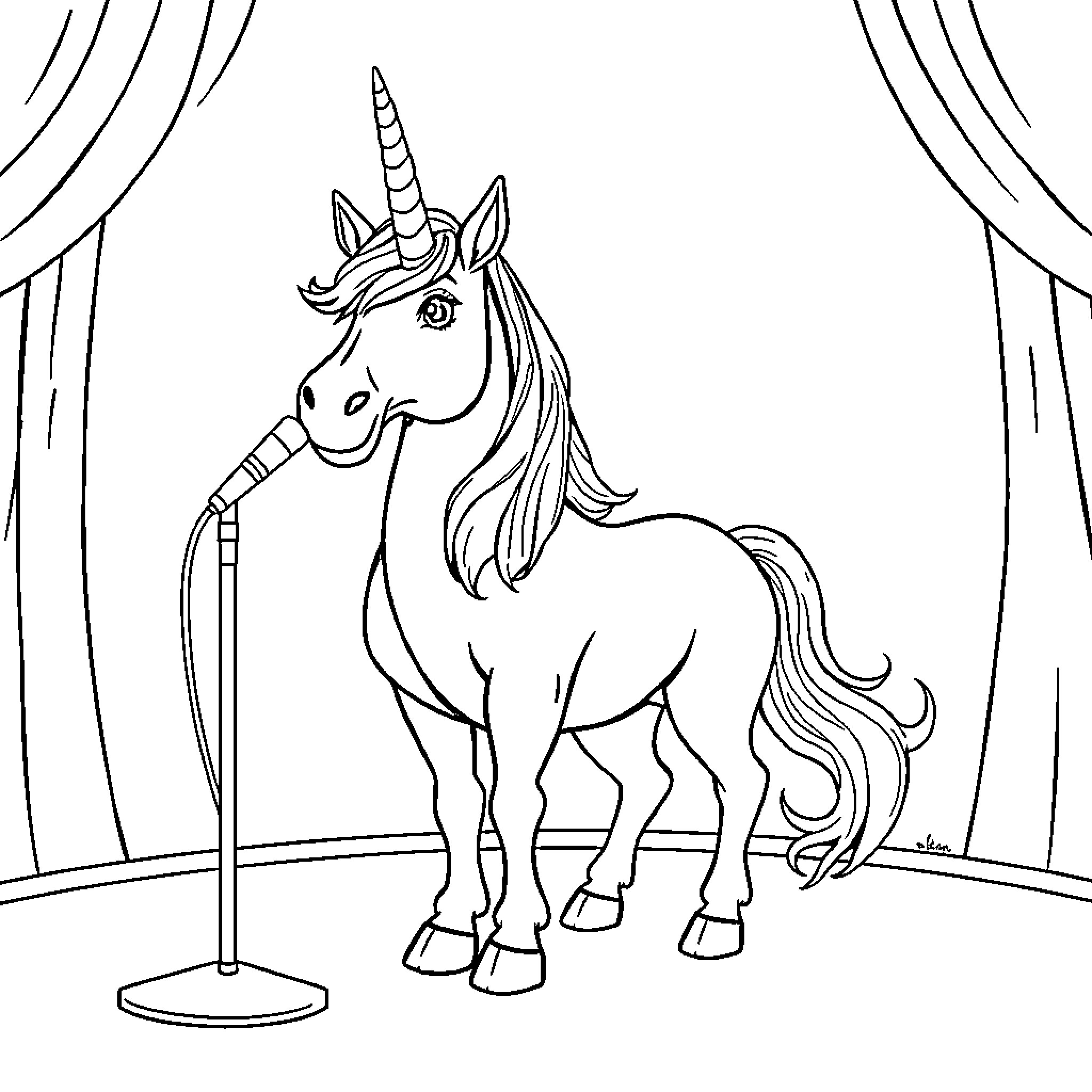 Unicorn Performing on Stage with Microphone Coloring Page (free black-and-white line drawing printable PDF for all, from beginners to advanced learners, including children, teens, adults, and seniors)
