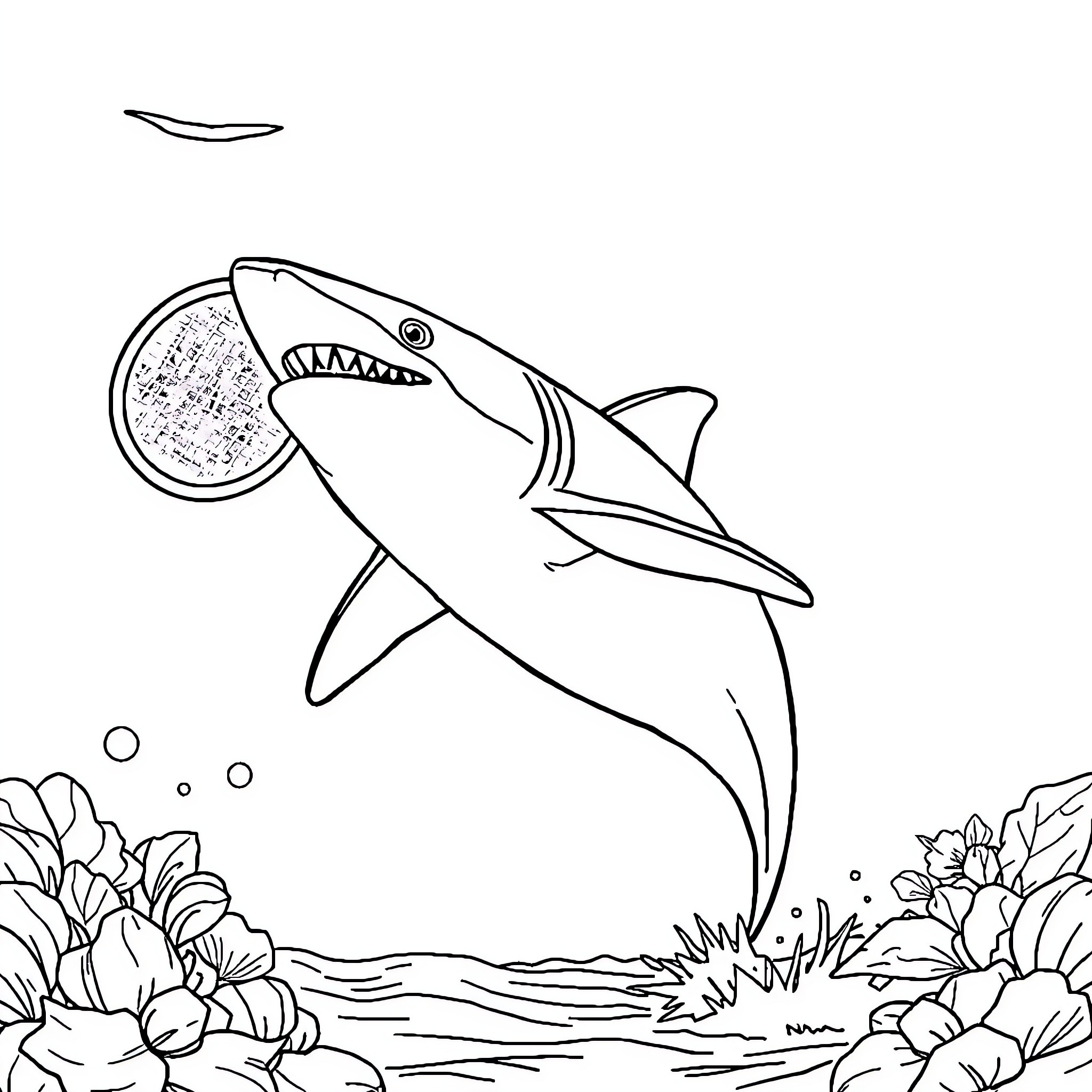 Tiburon swimming among ocean plants Coloring Page (free black-and-white line drawing printable PDF for all, from beginners to advanced learners, including children, teens, adults, and seniors)