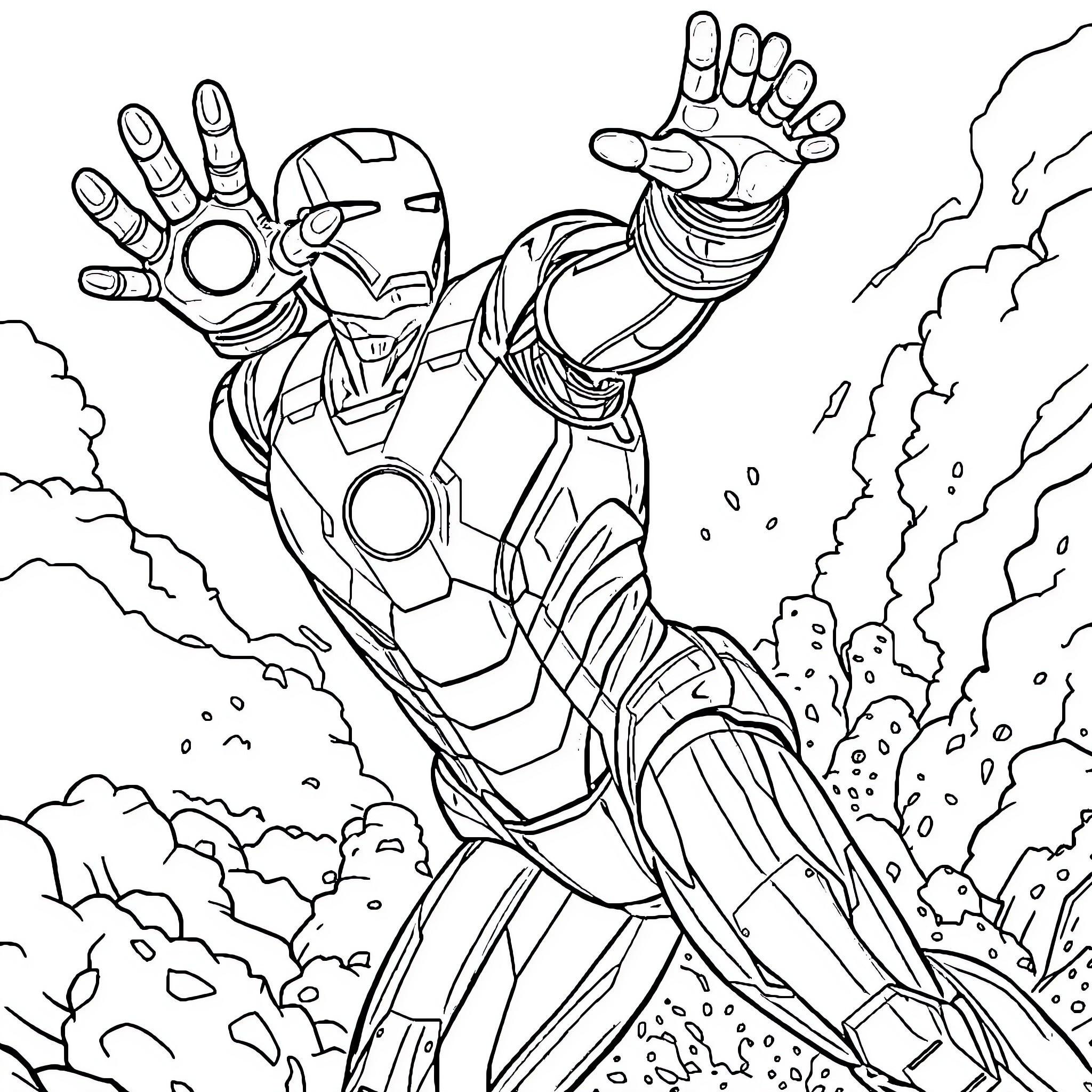 Iron Man Soaring in Action with Striking Pose Coloring Page (free black-and-white line drawing printable PDF for all, from beginners to advanced learners, including children, teens, adults, and seniors)