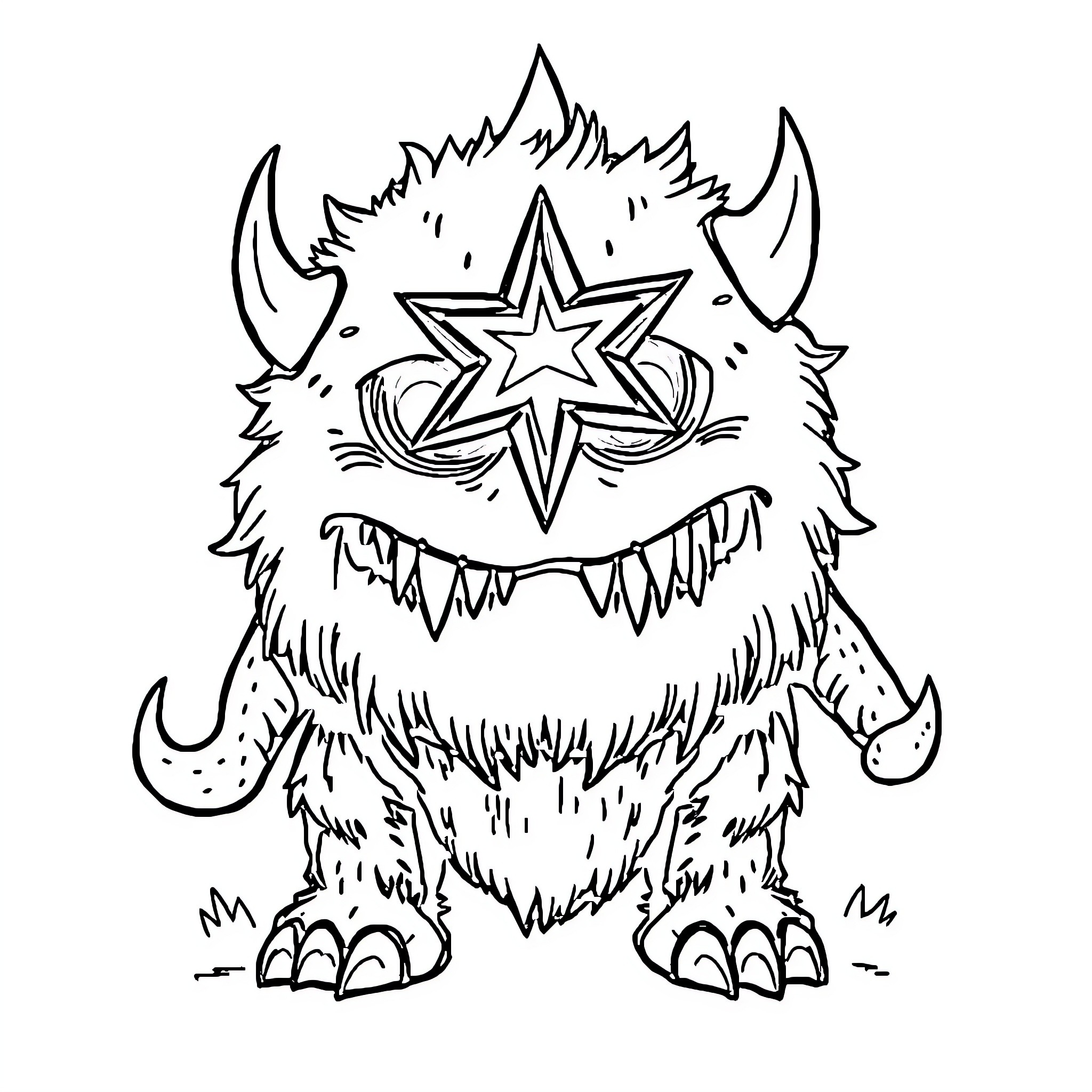 Monster with Fierce Expression and Glowing Star Coloring Page (free black-and-white line drawing printable PDF for all, from beginners to advanced learners, including children, teens, adults, and seniors)