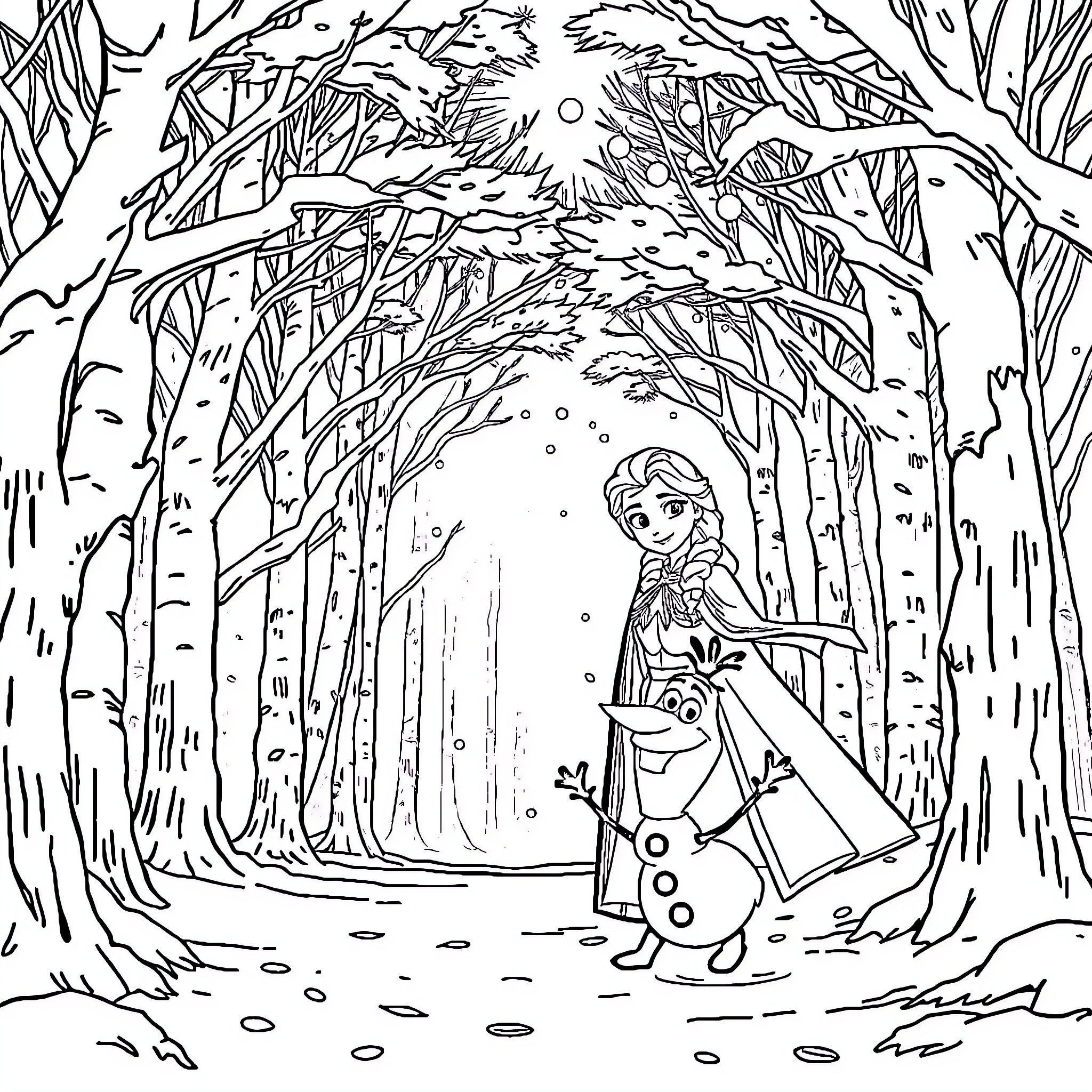 Elsa's Winter Adventure in the Enchanted Forest Coloring Page (free black-and-white line drawing printable PDF for all, from beginners to advanced learners, including children, teens, adults, and seniors)