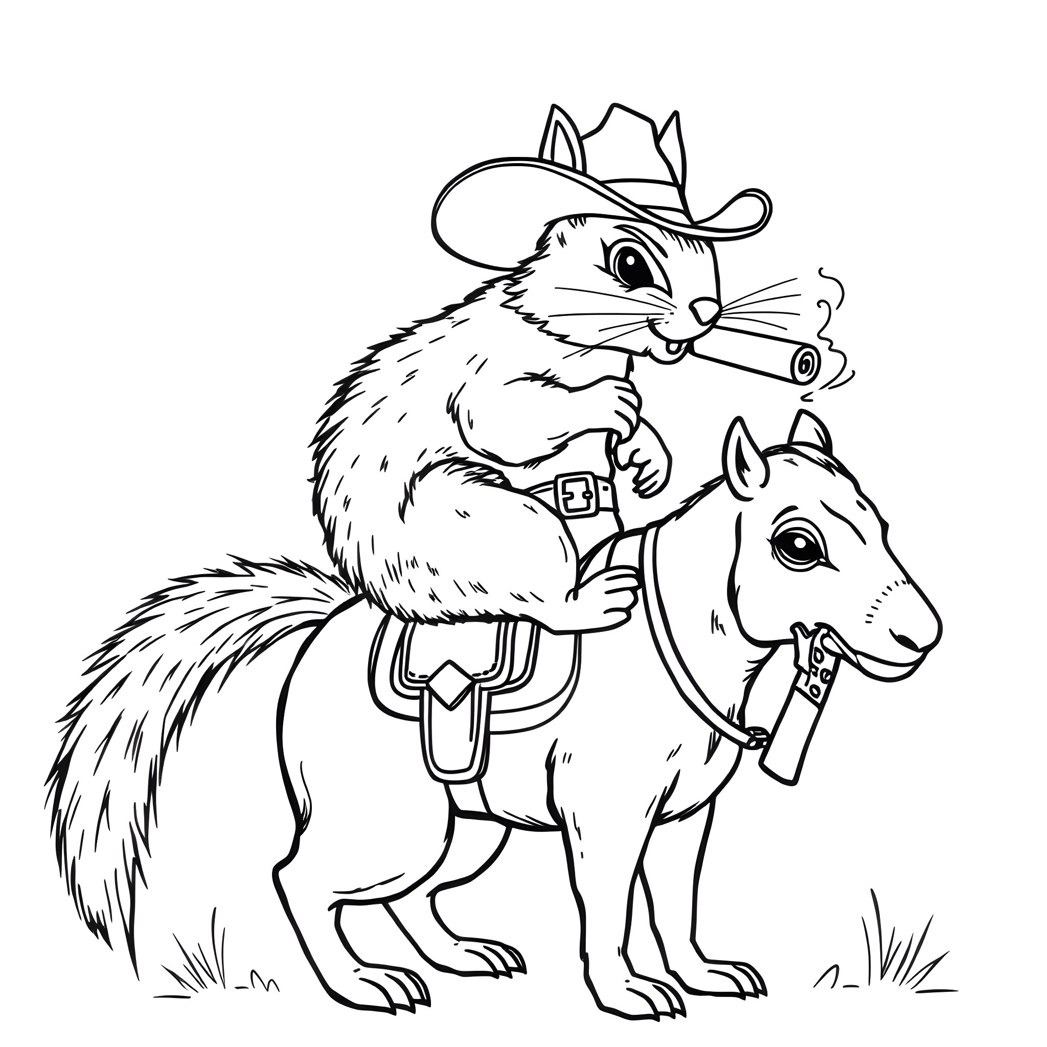 Squirrel cowboy riding a horse Coloring Page (free black-and-white line drawing printable PDF for all, from beginners to advanced learners, including children, teens, adults, and seniors)