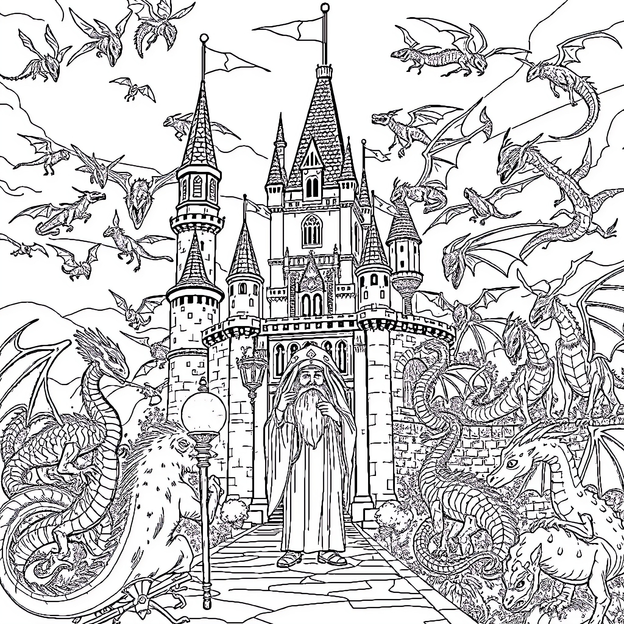 Dragon castle with fantastical creatures and wizards Coloring Page (free black-and-white line drawing printable PDF for all, from beginners to advanced learners, including children, teens, adults, and seniors)