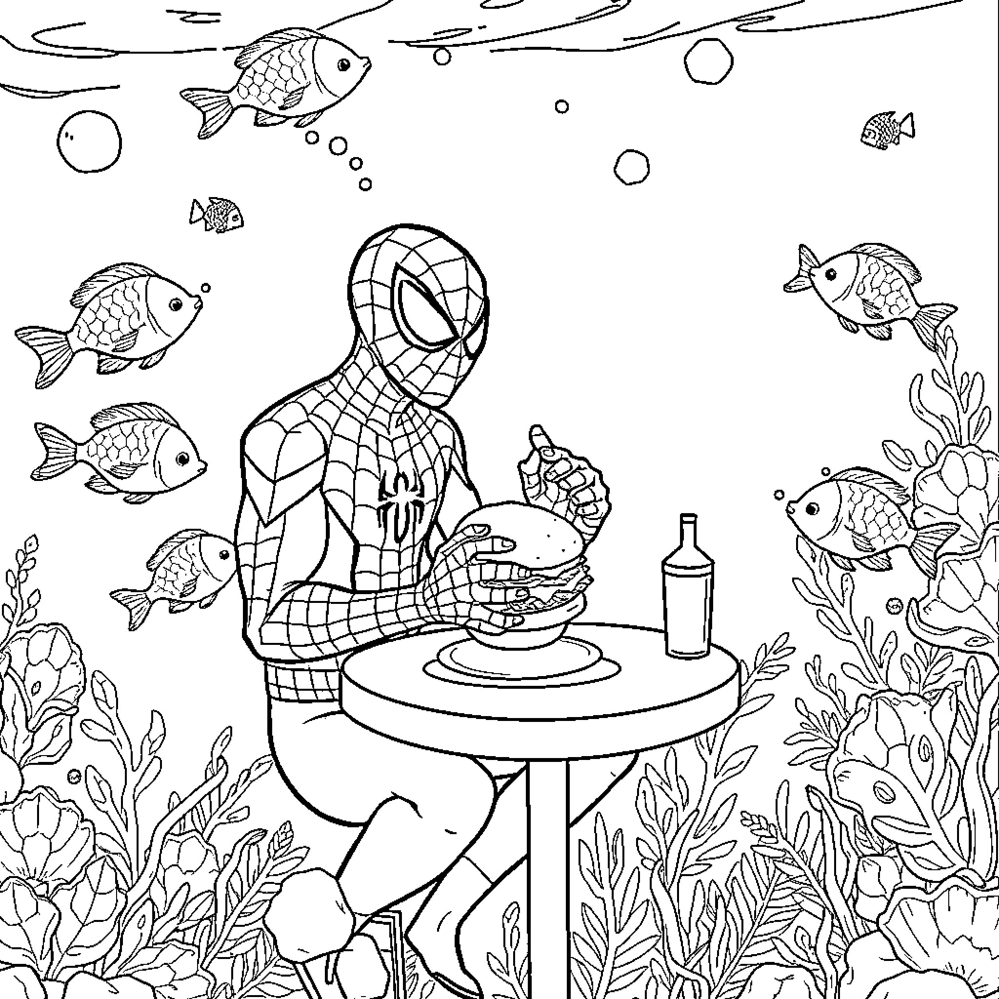 Spider-Man underwater adventures with sea creatures Coloring Page (free black-and-white line drawing printable PDF for all, from beginners to advanced learners, including children, teens, adults, and seniors)