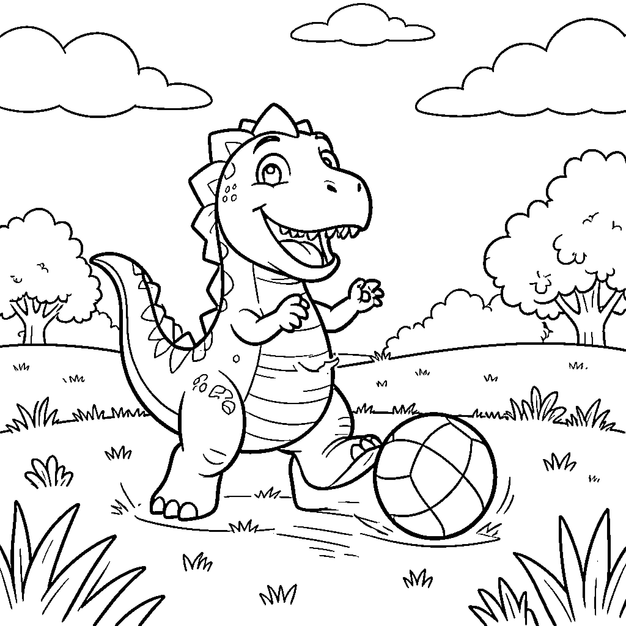 Dinosaur playing happily with a ball in a field Coloring Page (free black-and-white line drawing printable PDF for all, from beginners to advanced learners, including children, teens, adults, and seniors)