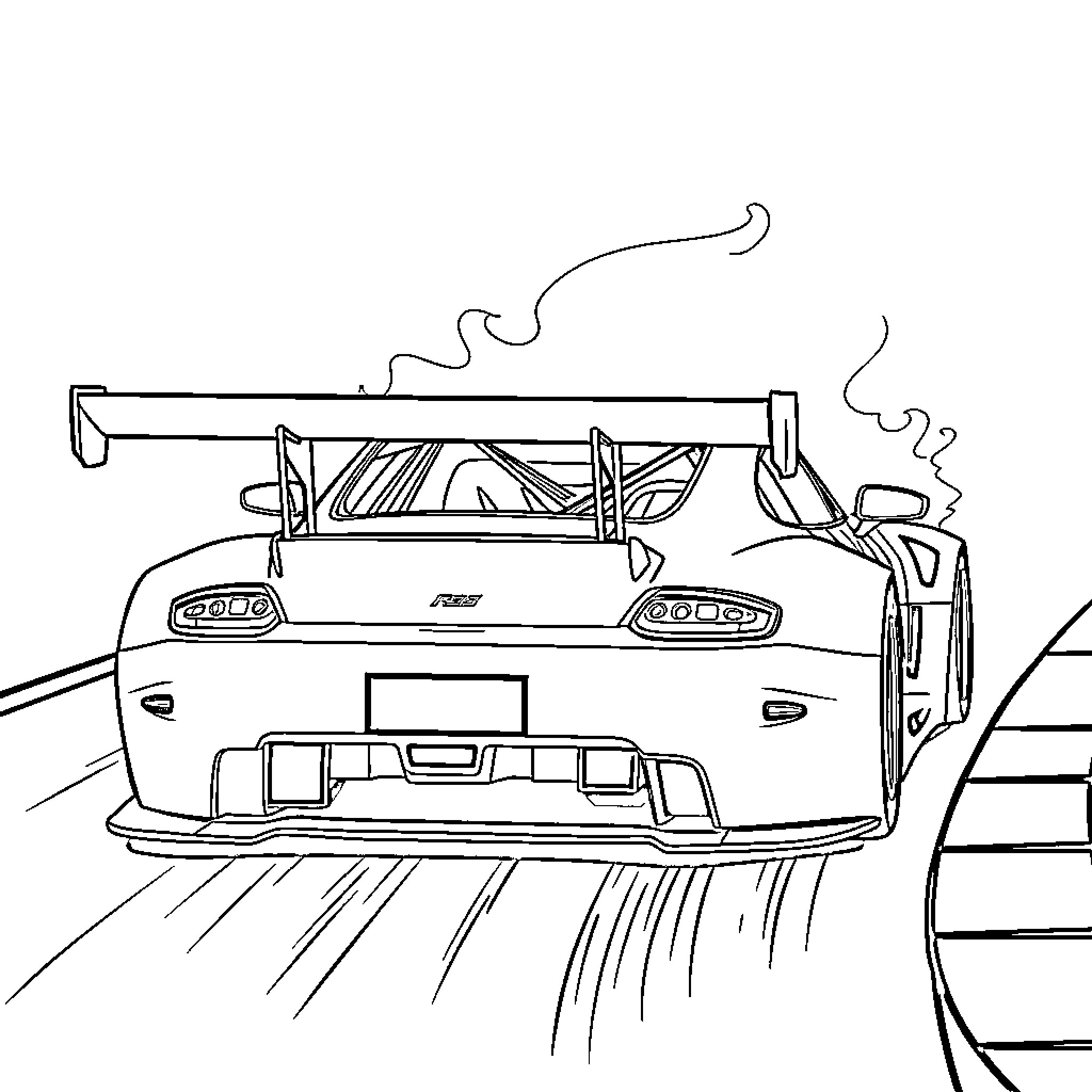 Racing Car speeding down the track Coloring Page (free black-and-white line drawing printable PDF for all, from beginners to advanced learners, including children, teens, adults, and seniors)