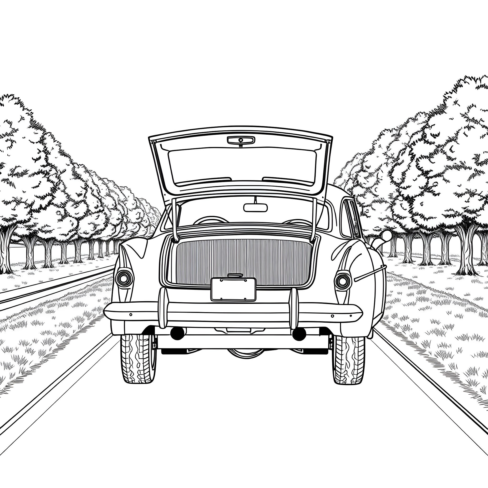 Car with open trunk on scenic rural road Coloring Page (free black-and-white line drawing printable PDF for all, from beginners to advanced learners, including children, teens, adults, and seniors)