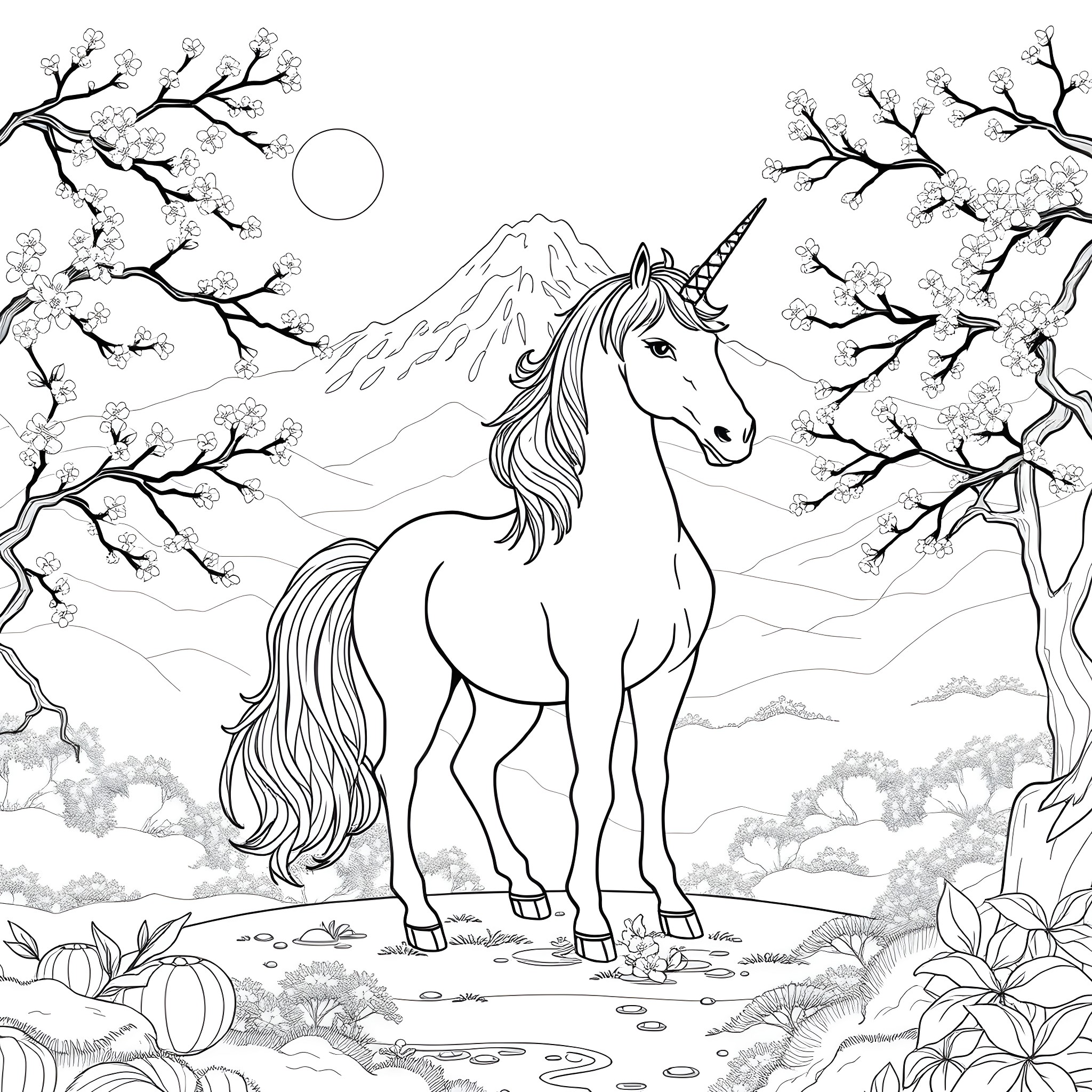 Unicorn standing amidst cherry blossoms and mountains Coloring Page (free black-and-white line drawing printable PDF for all, from beginners to advanced learners, including children, teens, adults, and seniors)