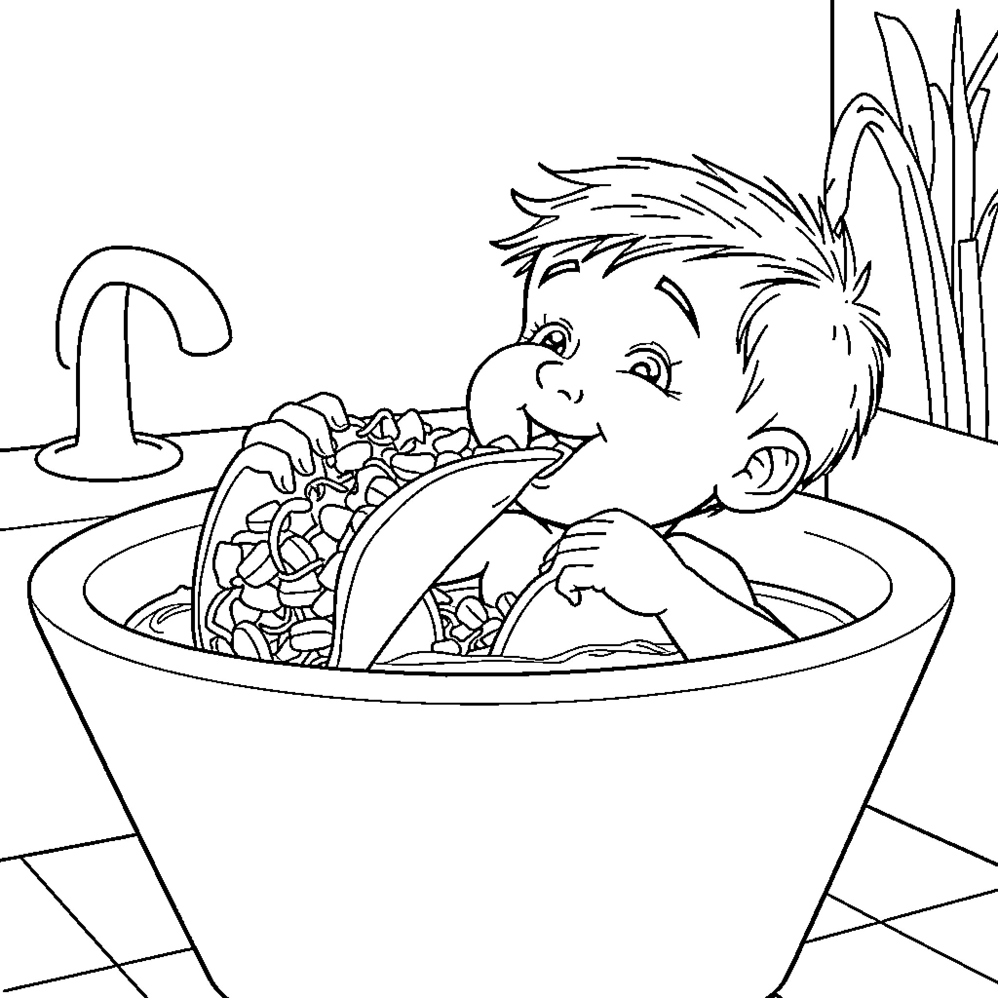 Child enjoying a bubble bath Coloring Page (free black-and-white line drawing printable PDF for all, from beginners to advanced learners, including children, teens, adults, and seniors)