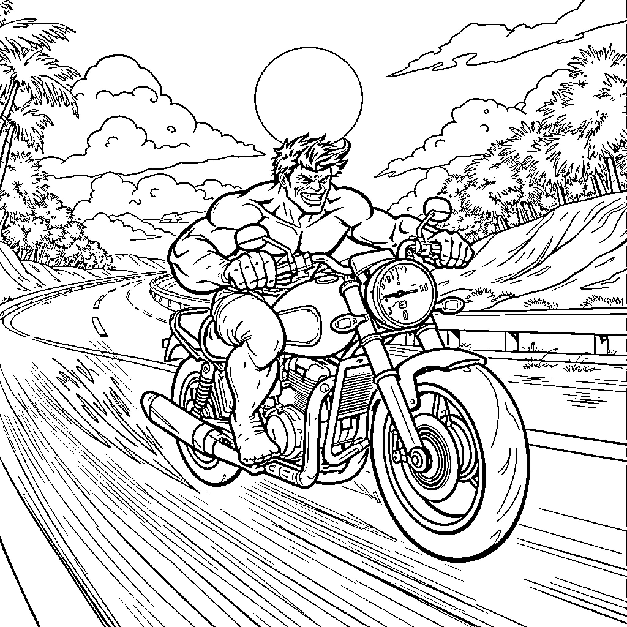 Hulk Riding Motorcycle Through Scenic Road Coloring Page (free black-and-white line drawing printable PDF for all, from beginners to advanced learners, including children, teens, adults, and seniors)